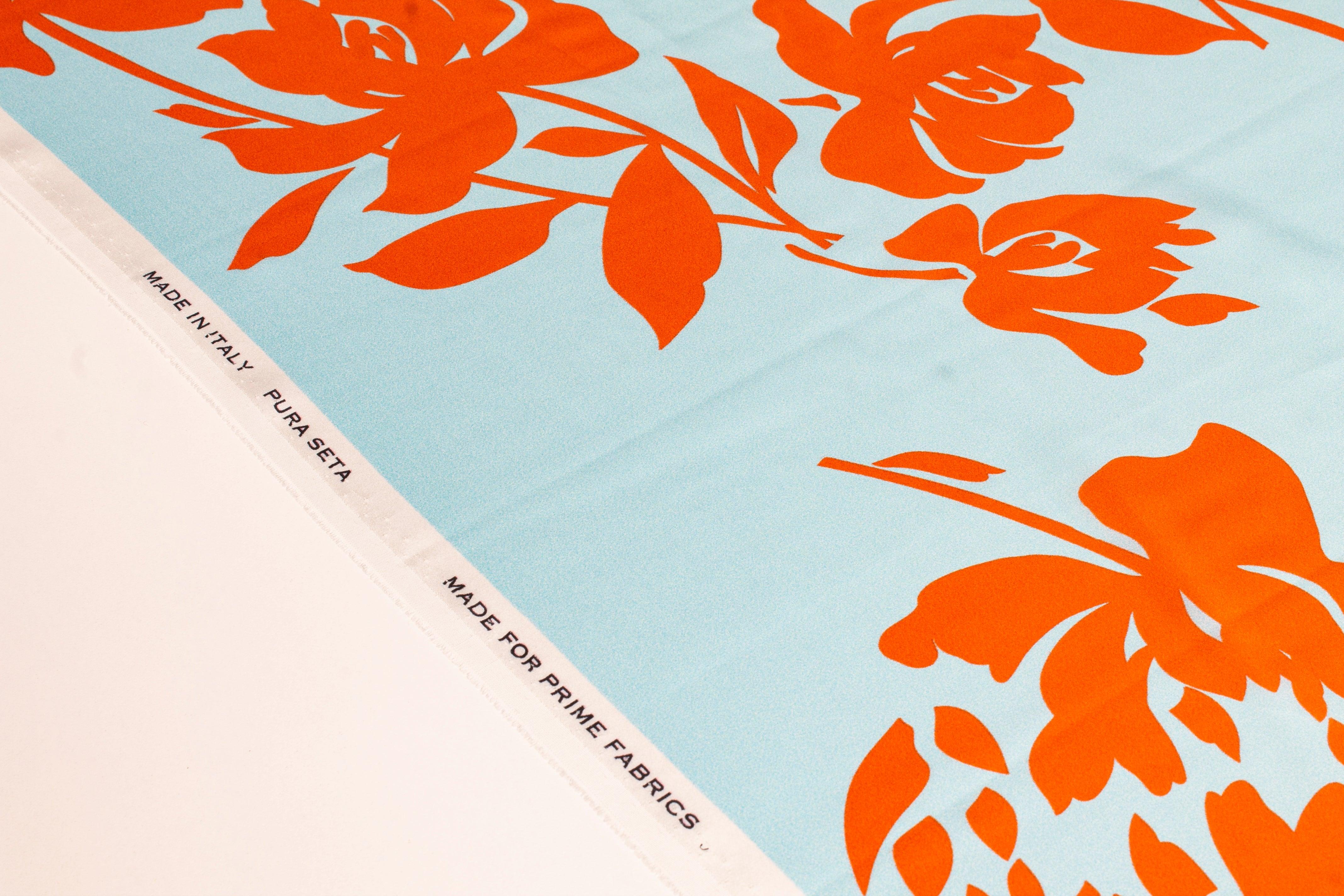 Floral Italian Silk Charmeuse - Blue and Orange - Prime Fabrics