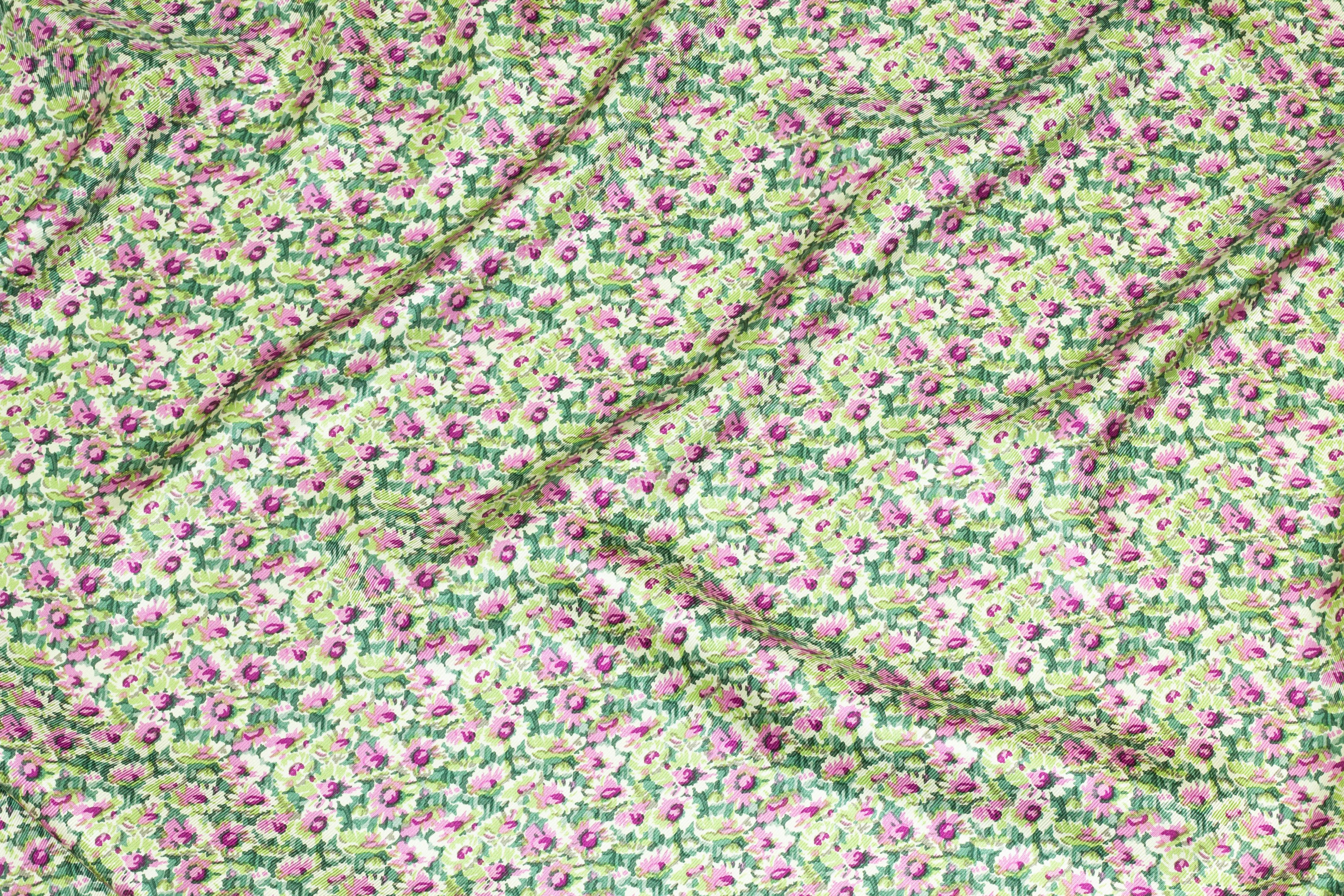Green and Purple Ditsy Floral Silk Twill - Prime Fabrics