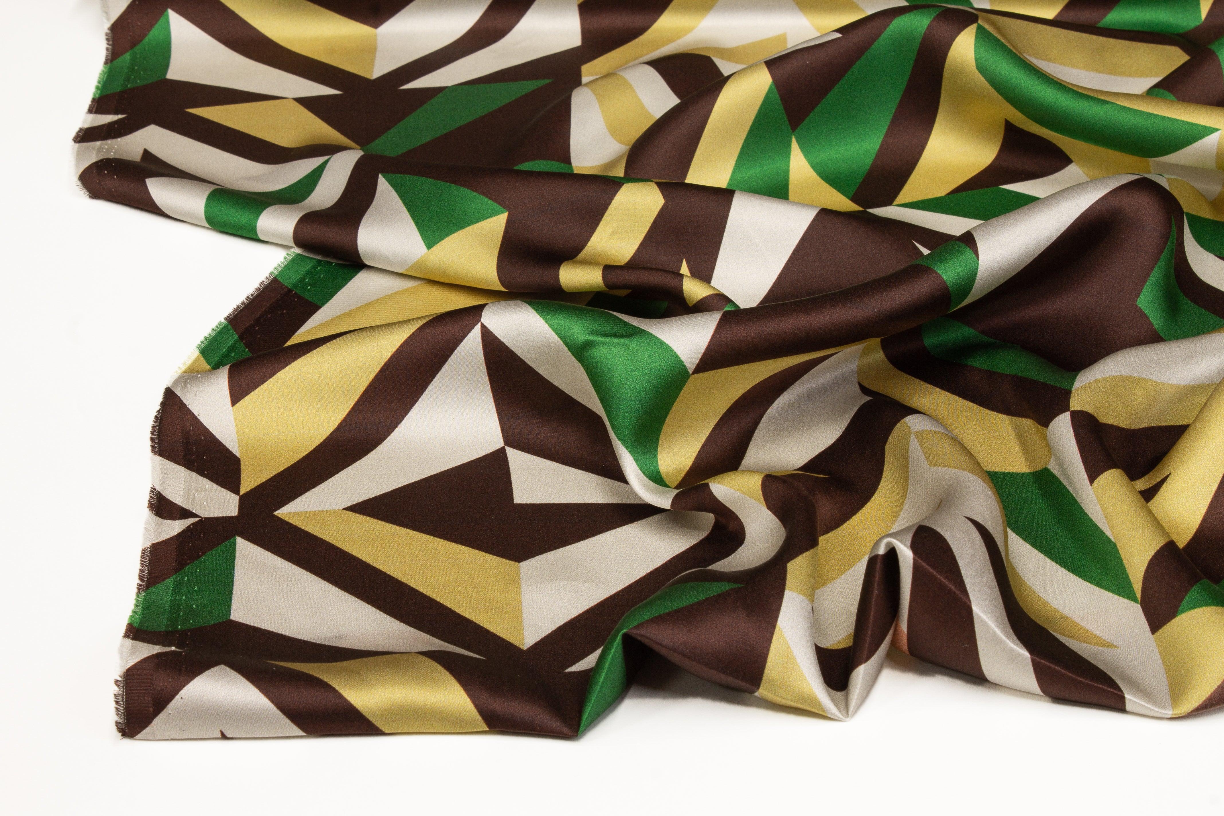 Geometric Italian Silk Charmeuse - Green, Brown, Gold - Prime Fabrics