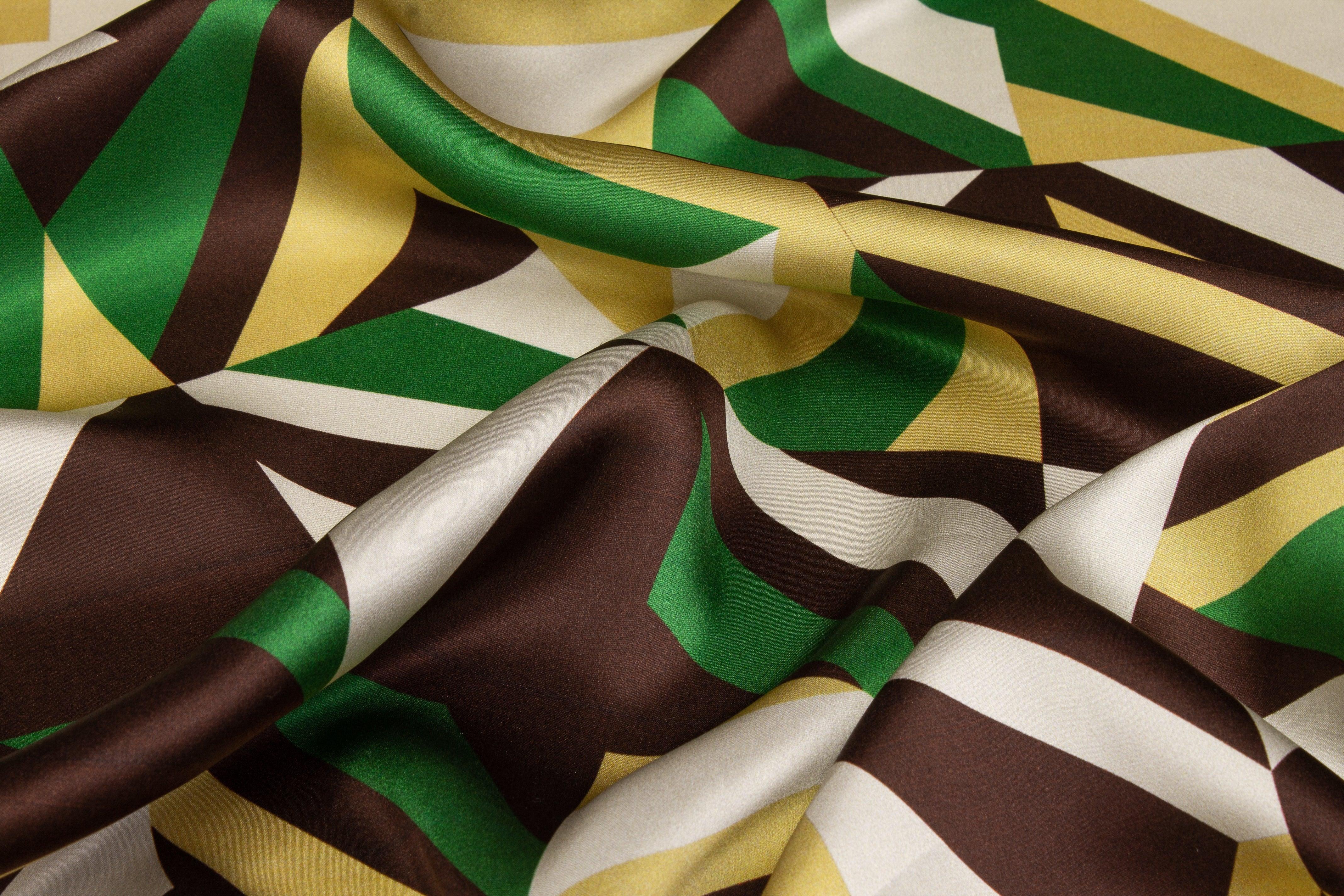Geometric Italian Silk Charmeuse - Green, Brown, Gold - Prime Fabrics