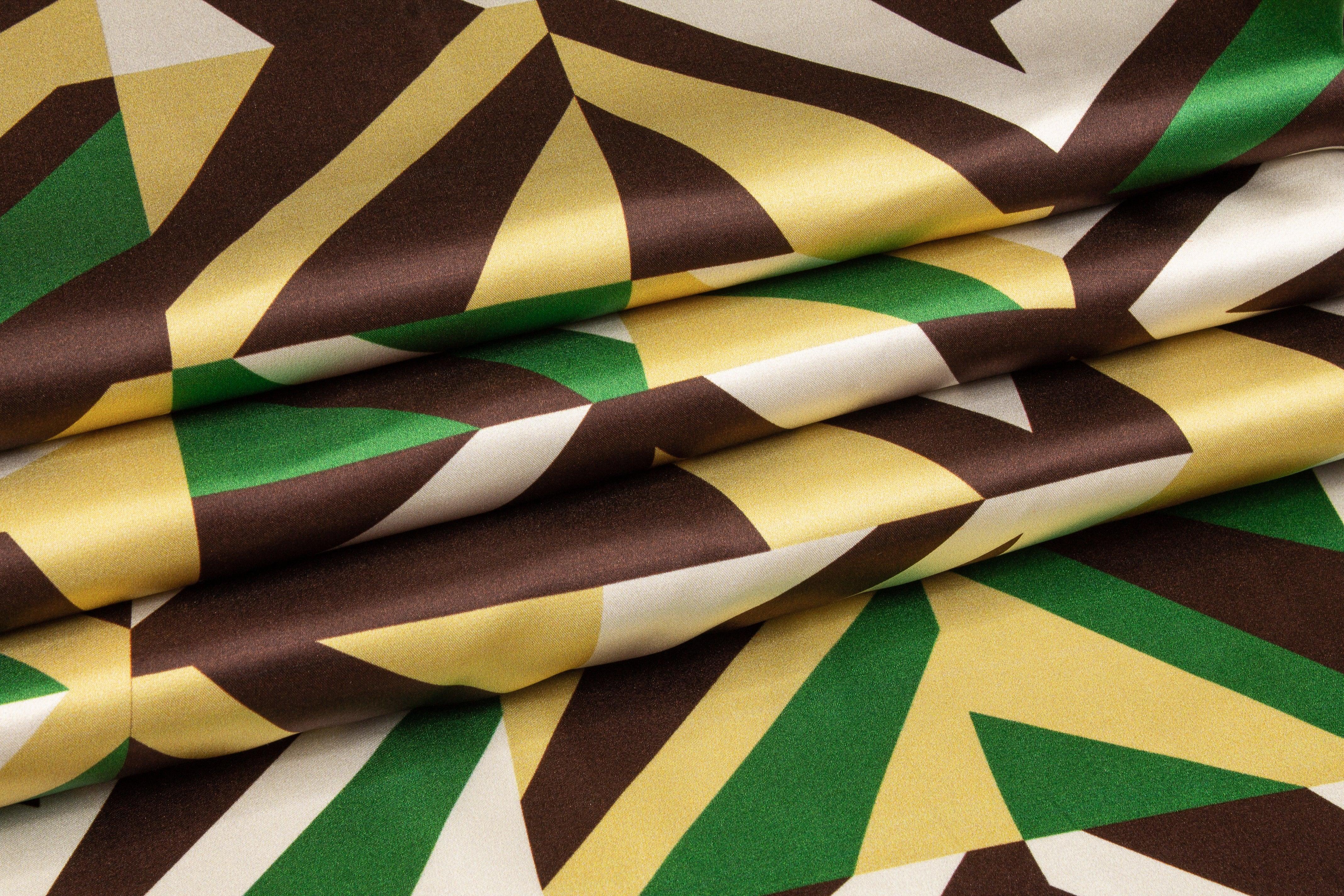 Geometric Italian Silk Charmeuse - Green, Brown, Gold - Prime Fabrics