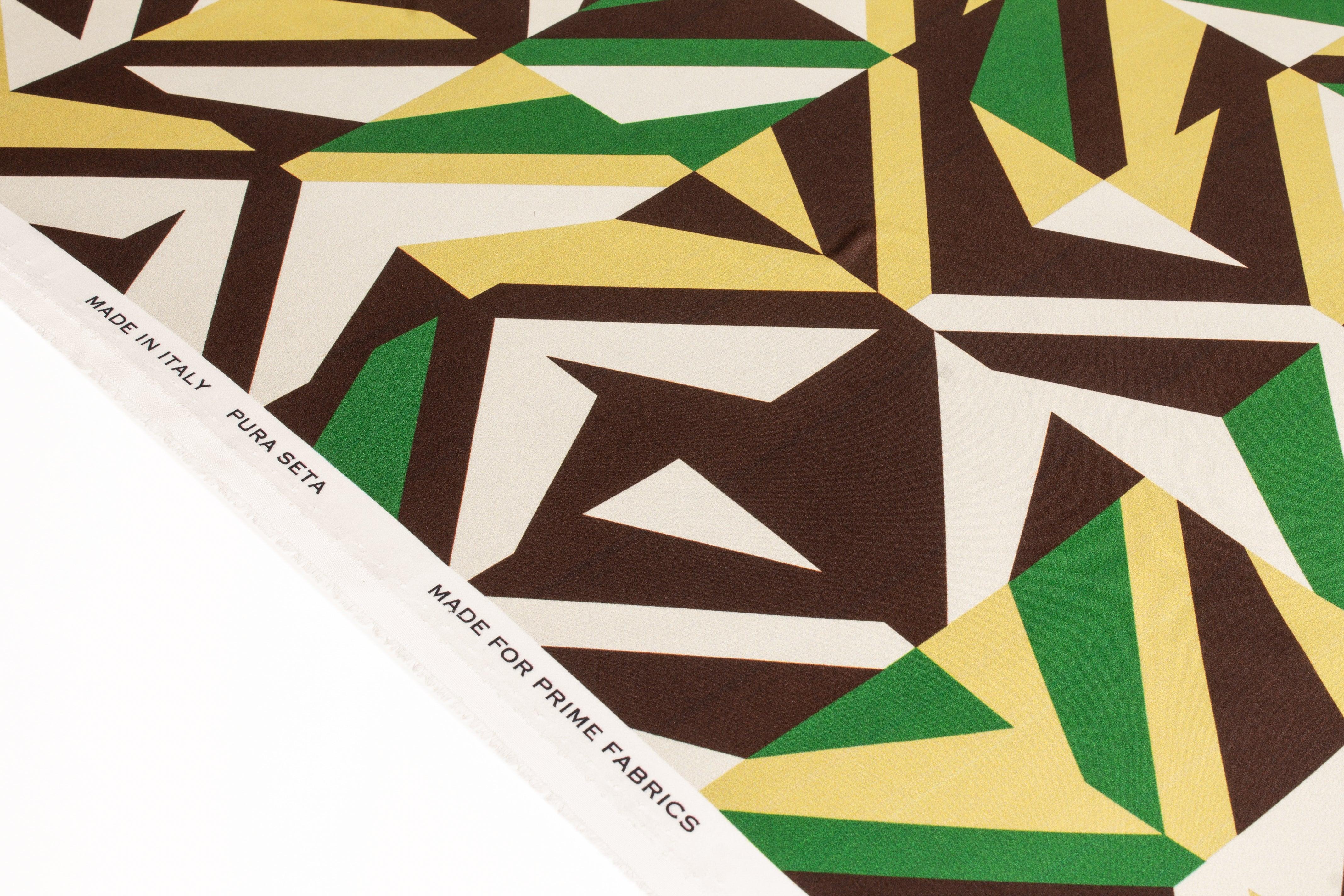 Geometric Italian Silk Charmeuse - Green, Brown, Gold - Prime Fabrics