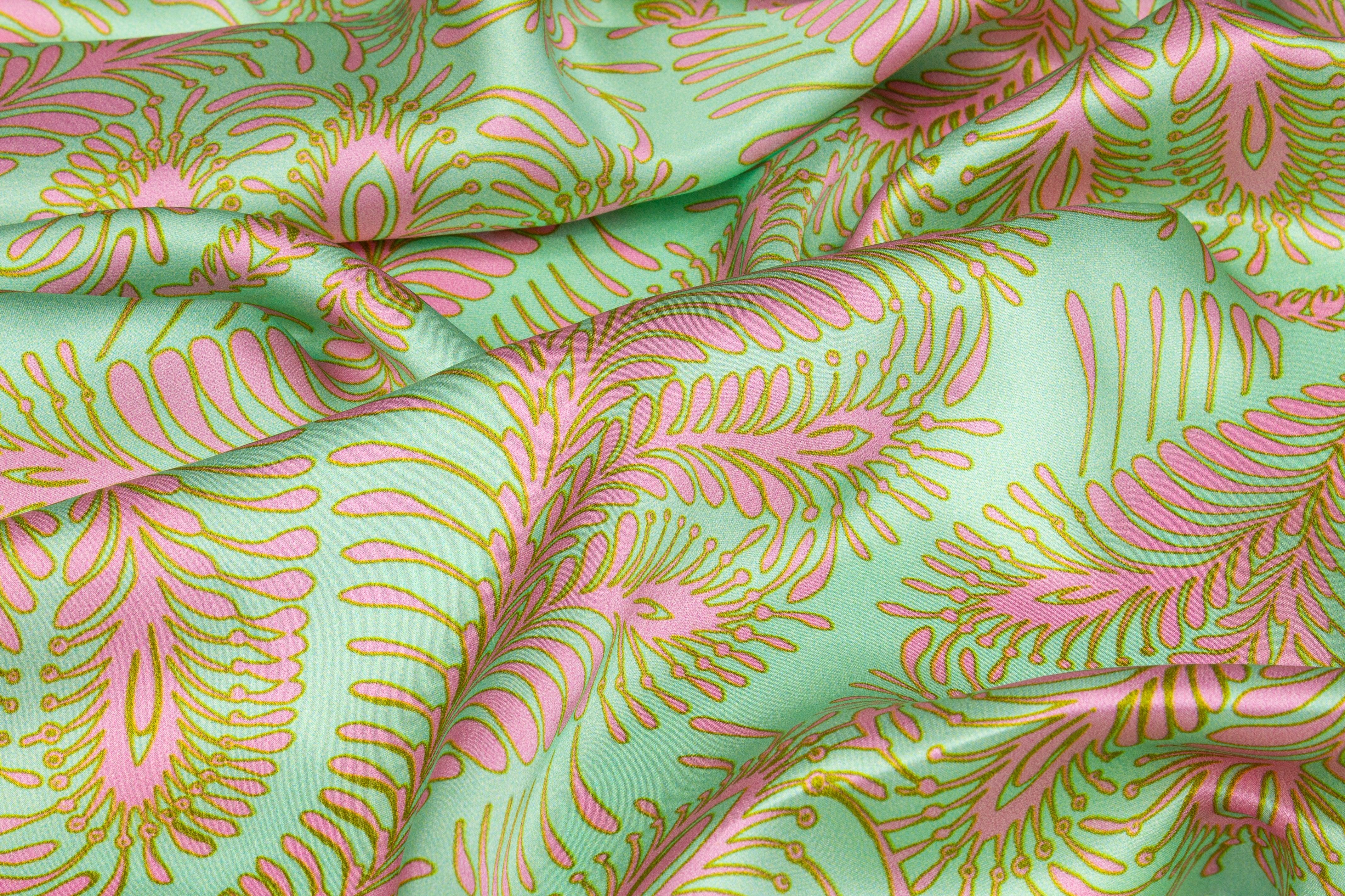 Abstract Italian Silk Charmeuse - Mint Green and Pink - Prime Fabrics