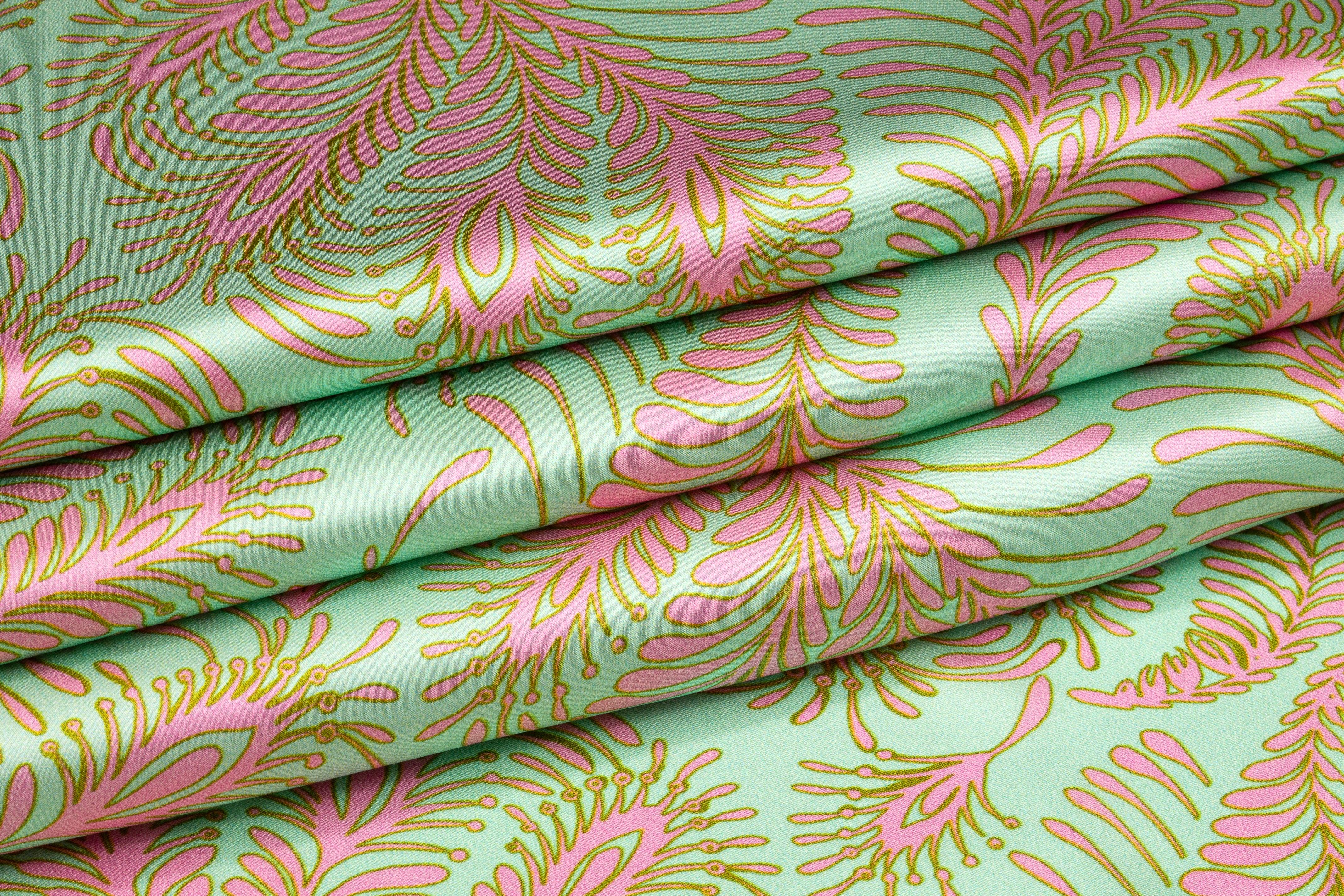 Abstract Italian Silk Charmeuse - Mint Green and Pink - Prime Fabrics