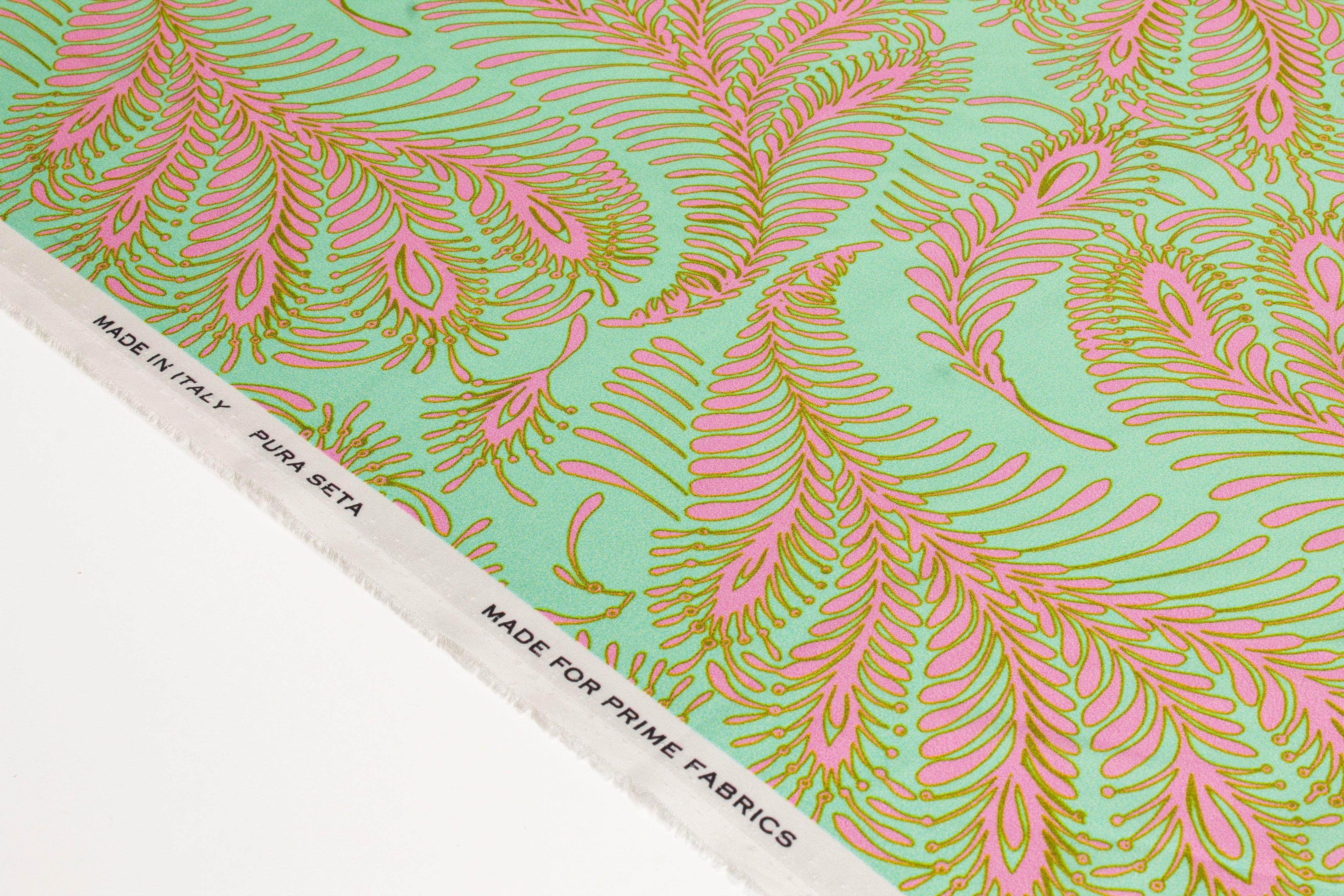 Abstract Italian Silk Charmeuse - Mint Green and Pink - Prime Fabrics