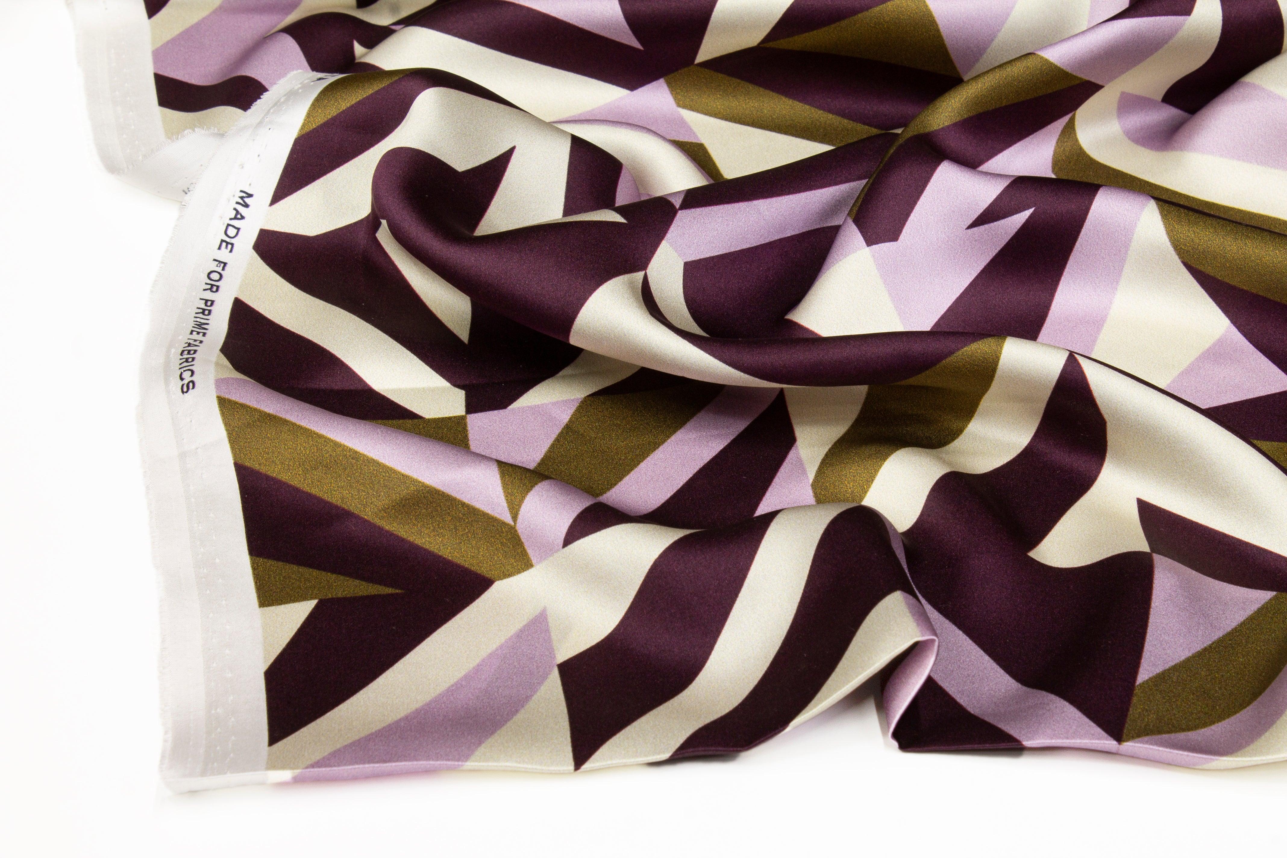 Geometric Italian Silk Charmeuse - Purple, Olive Green - Prime Fabrics
