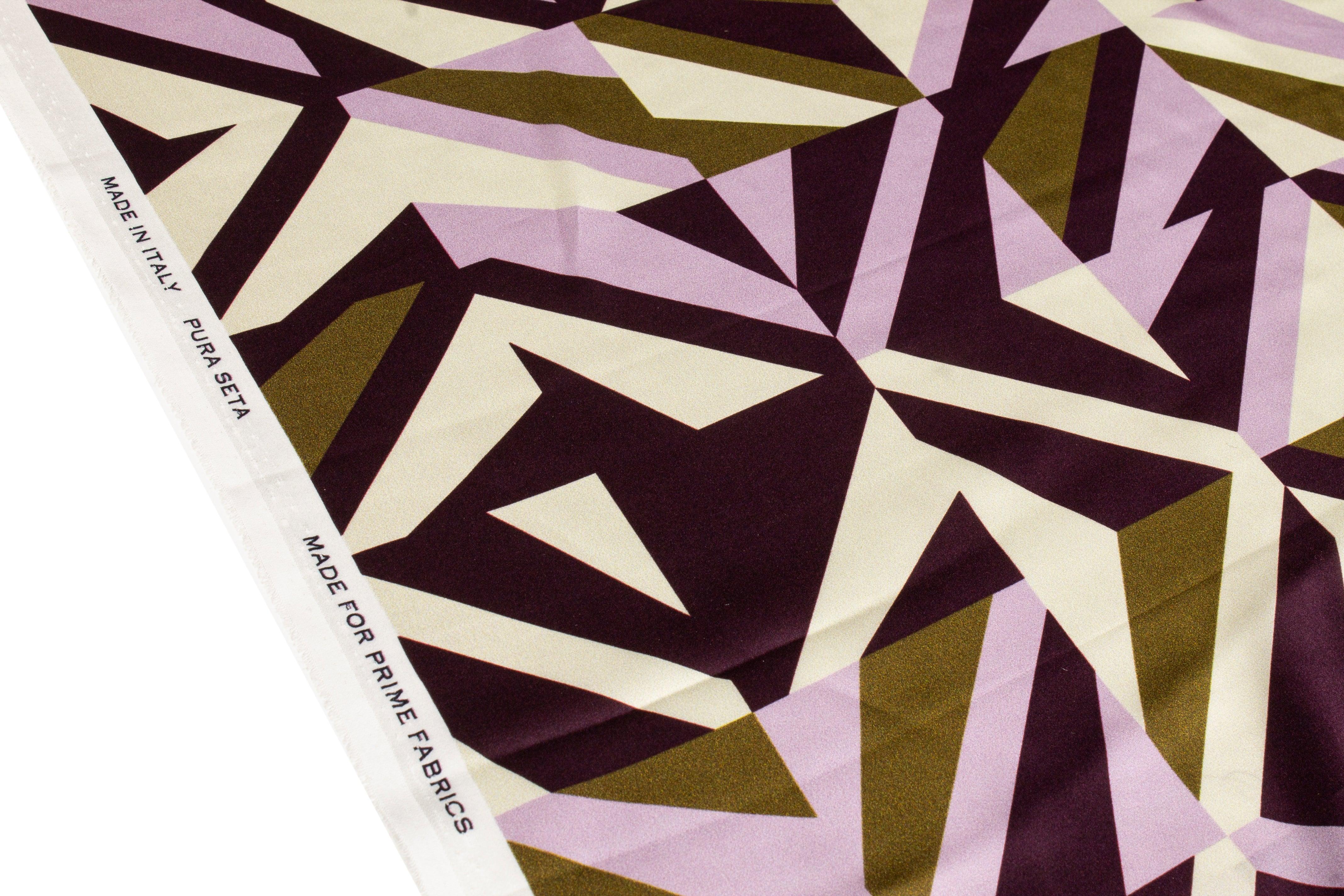Geometric Italian Silk Charmeuse - Purple, Olive Green - Prime Fabrics
