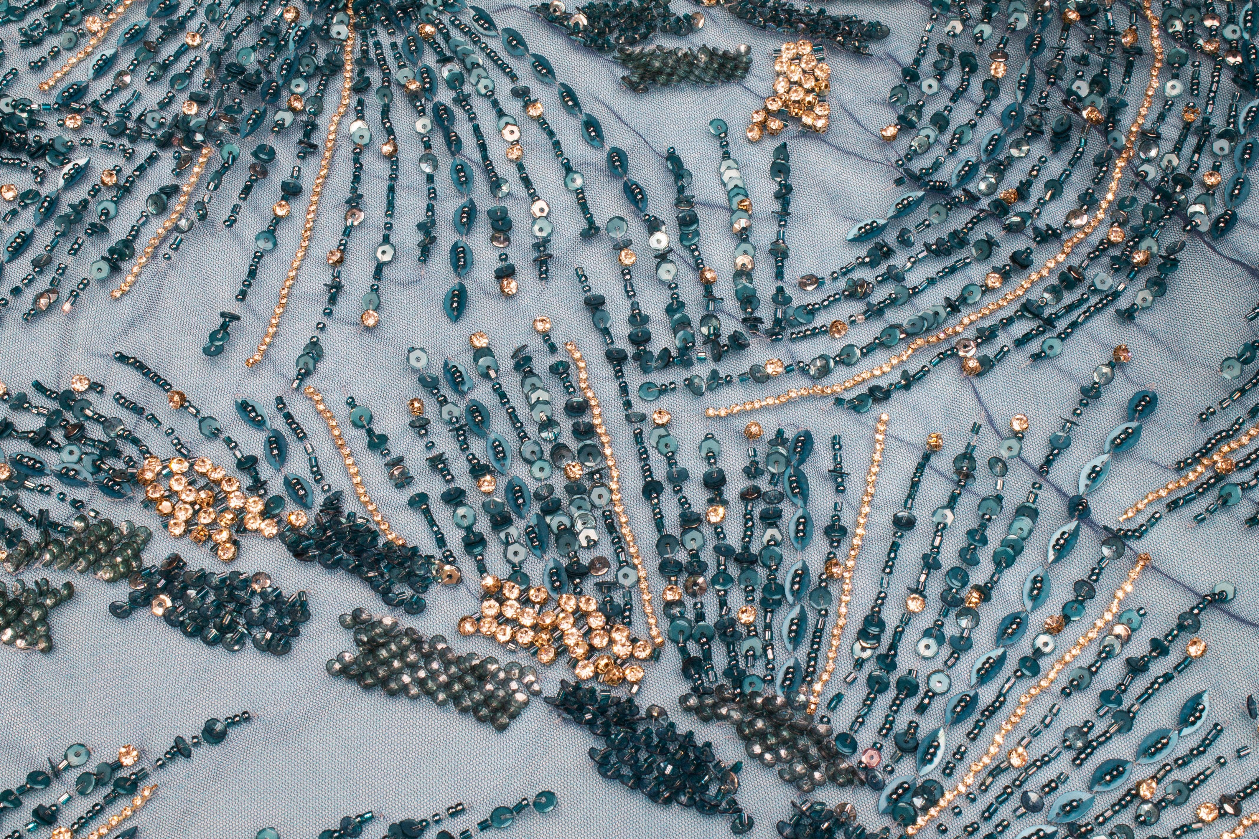 Hand Beaded and Sequined Mesh - Turquoise - Prime Fabrics