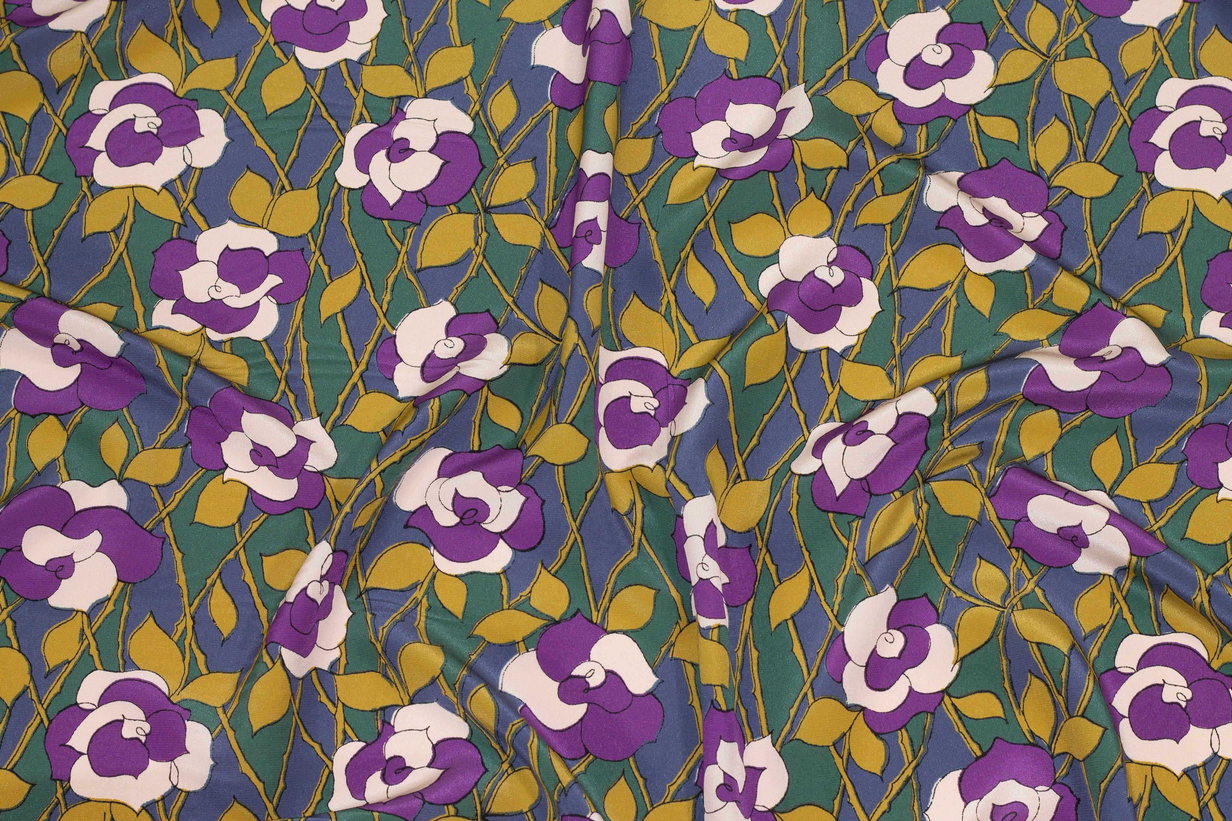 Purple, Brown, and Green Floral Crepe De Chine Silk - Prime Fabrics