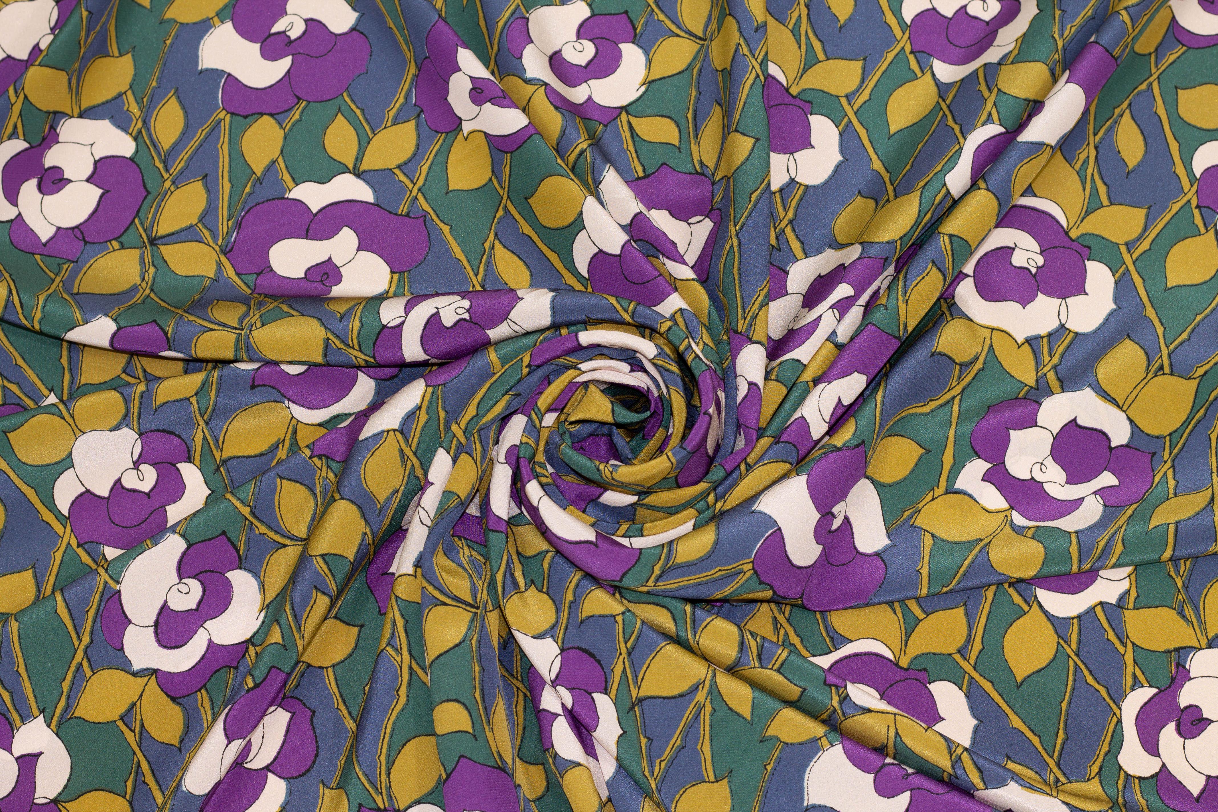 Purple, Brown, and Green Floral Crepe De Chine Silk - Prime Fabrics
