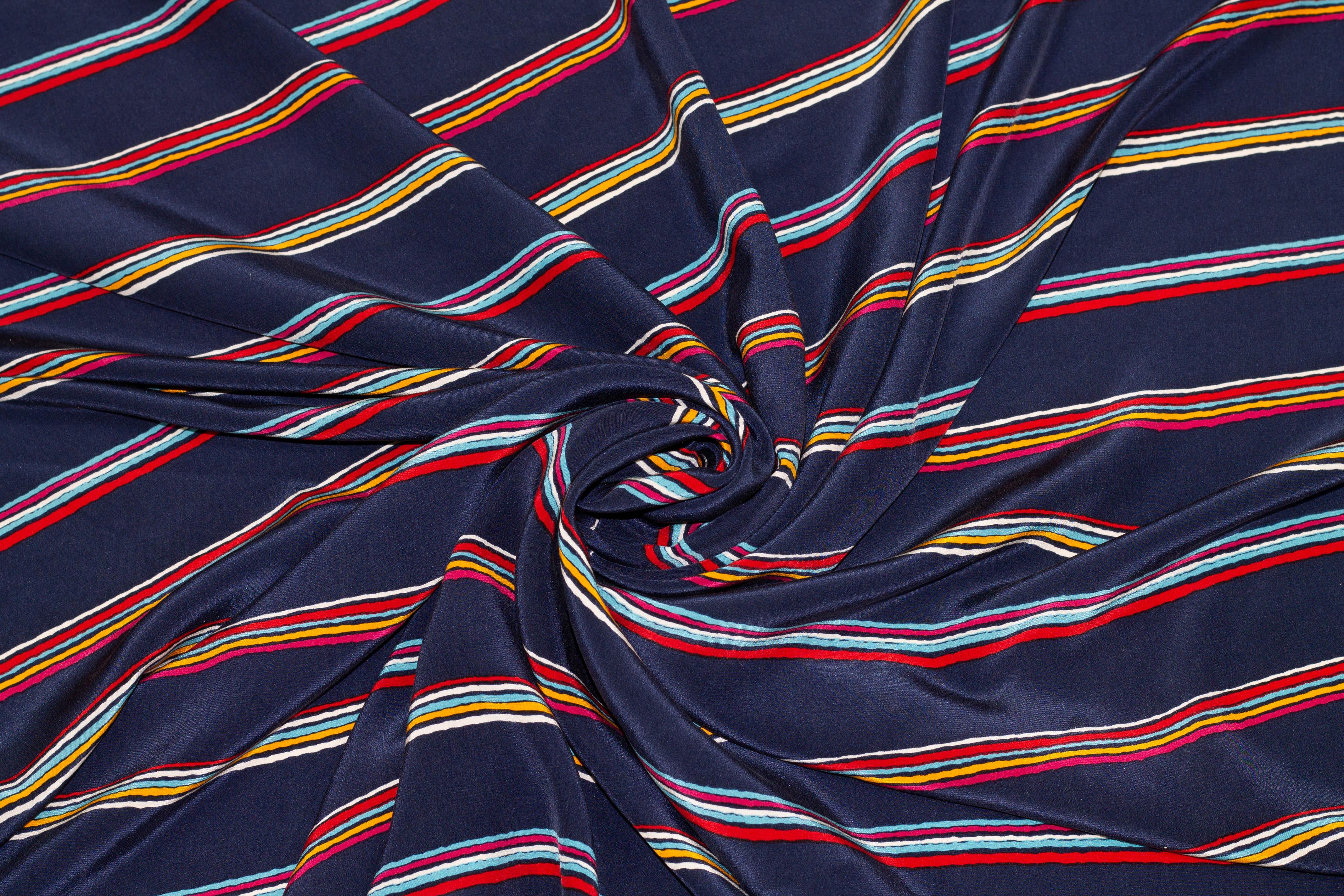 Navy Blue and Multicolor Striped Crepe De Chine Silk - Prime Fabrics
