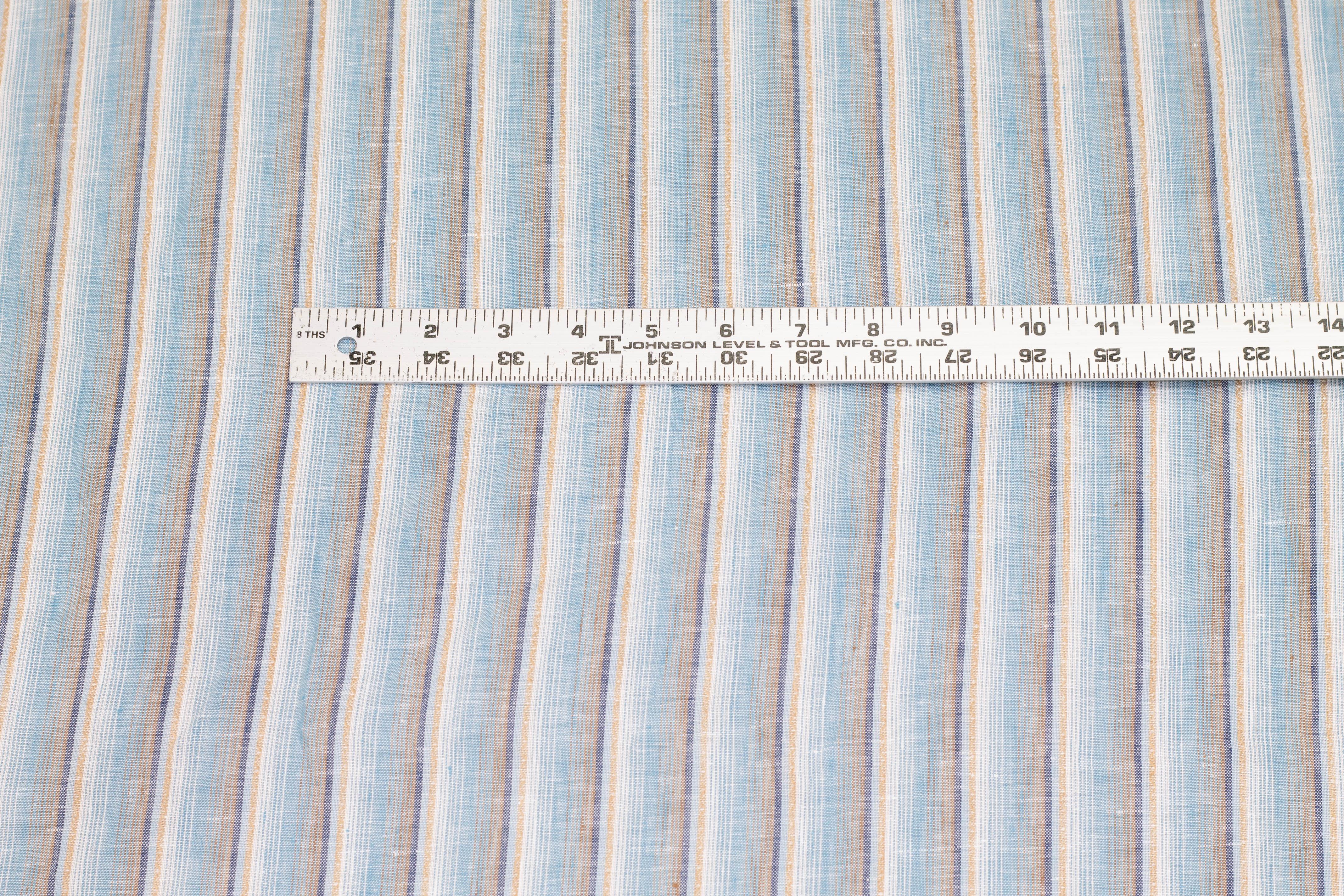 Sky Blue, Beige, and White Striped Italian Linen - Prime Fabrics
