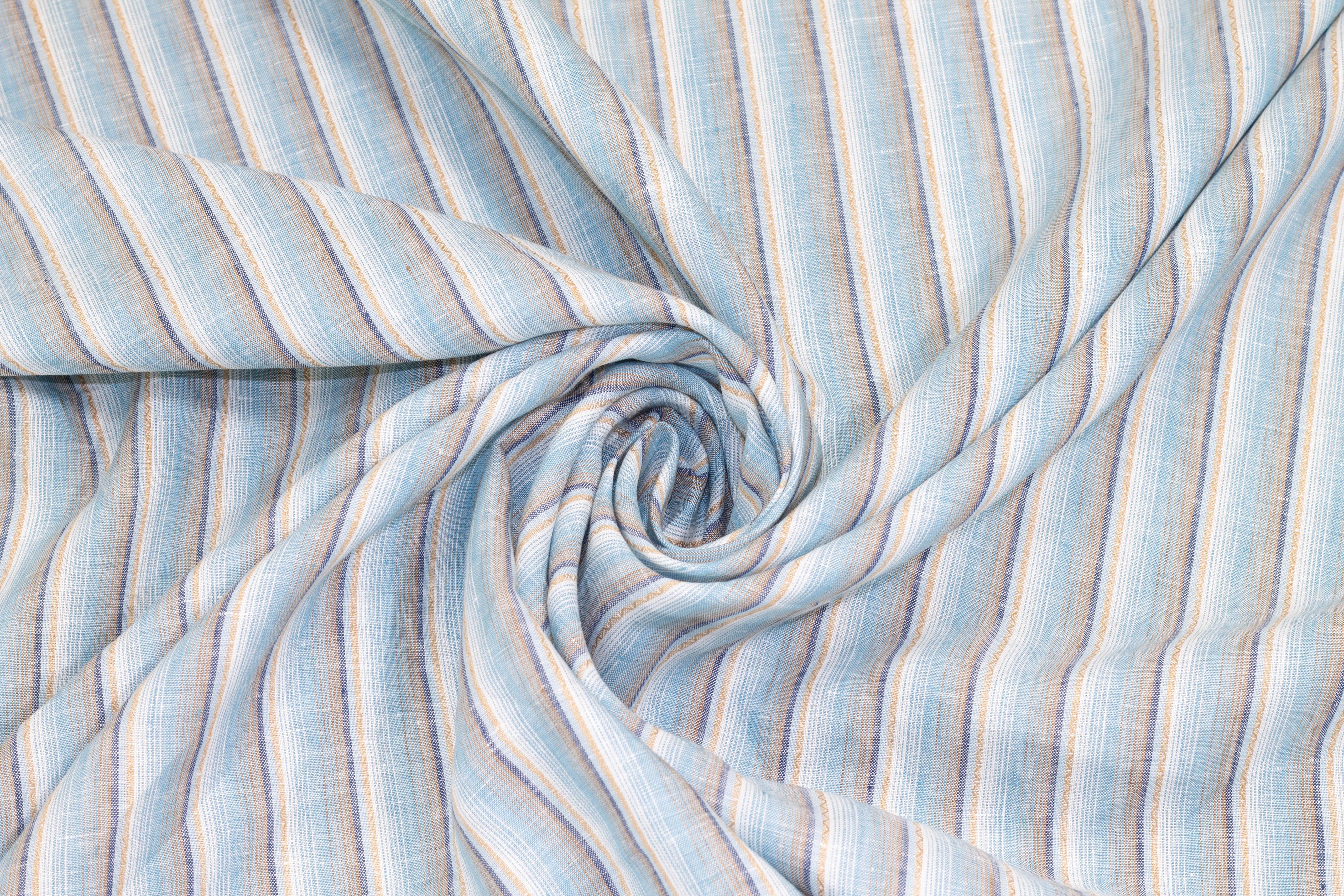 Sky Blue, Beige, and White Striped Italian Linen - Prime Fabrics