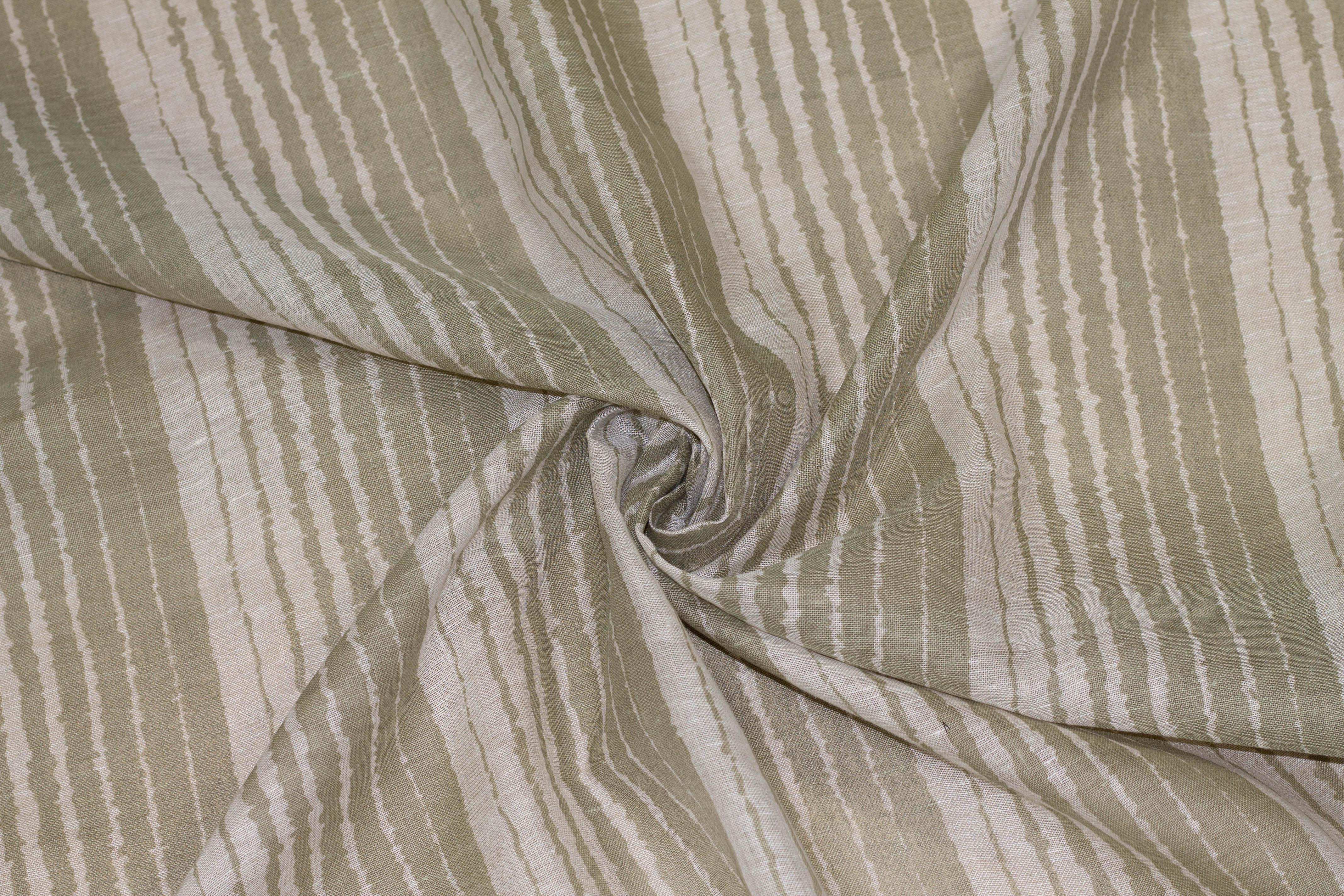 Off-White and Green Striped Linen - Prime Fabrics