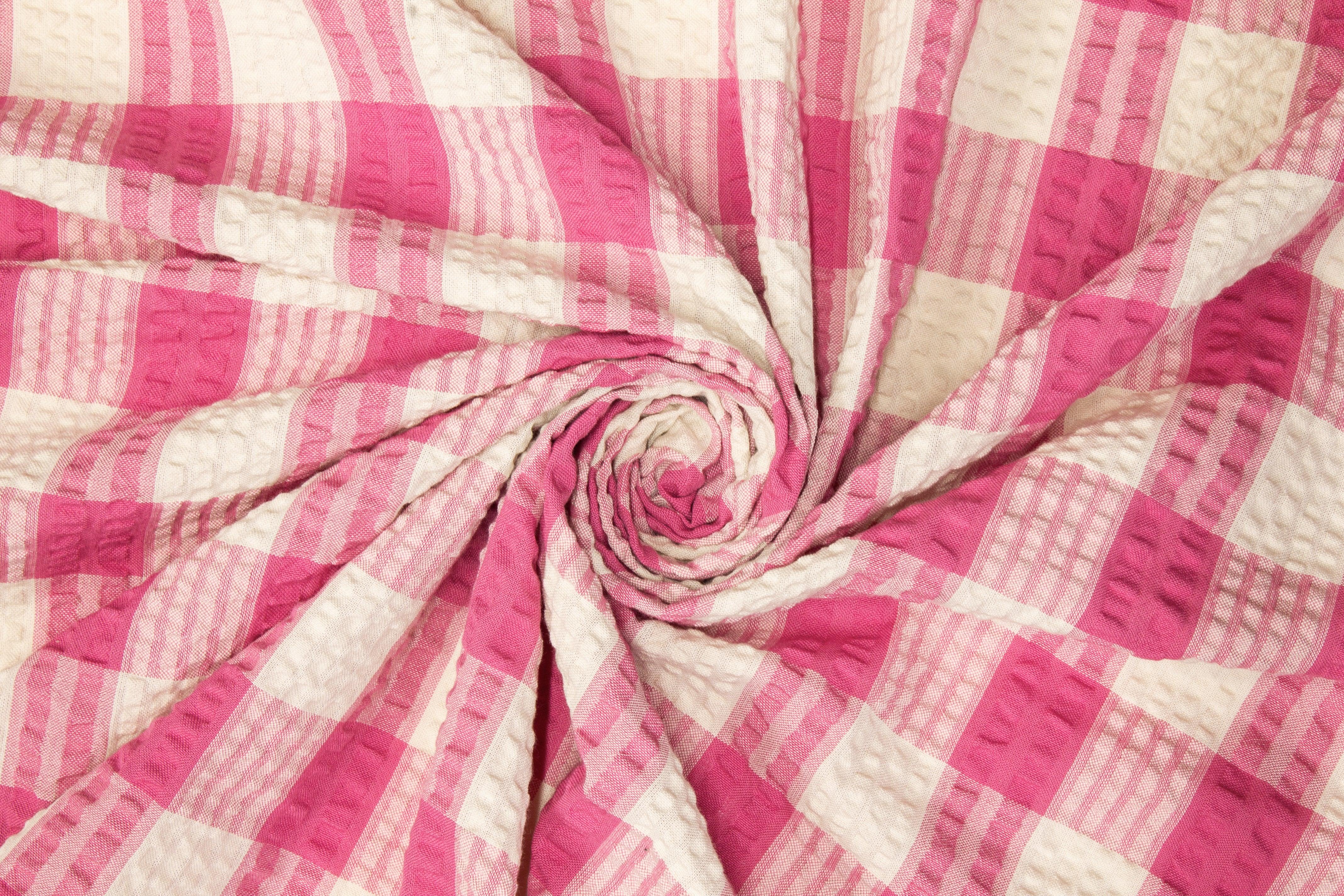 Textured Checked Cotton - Pink and Off White - Prime Fabrics