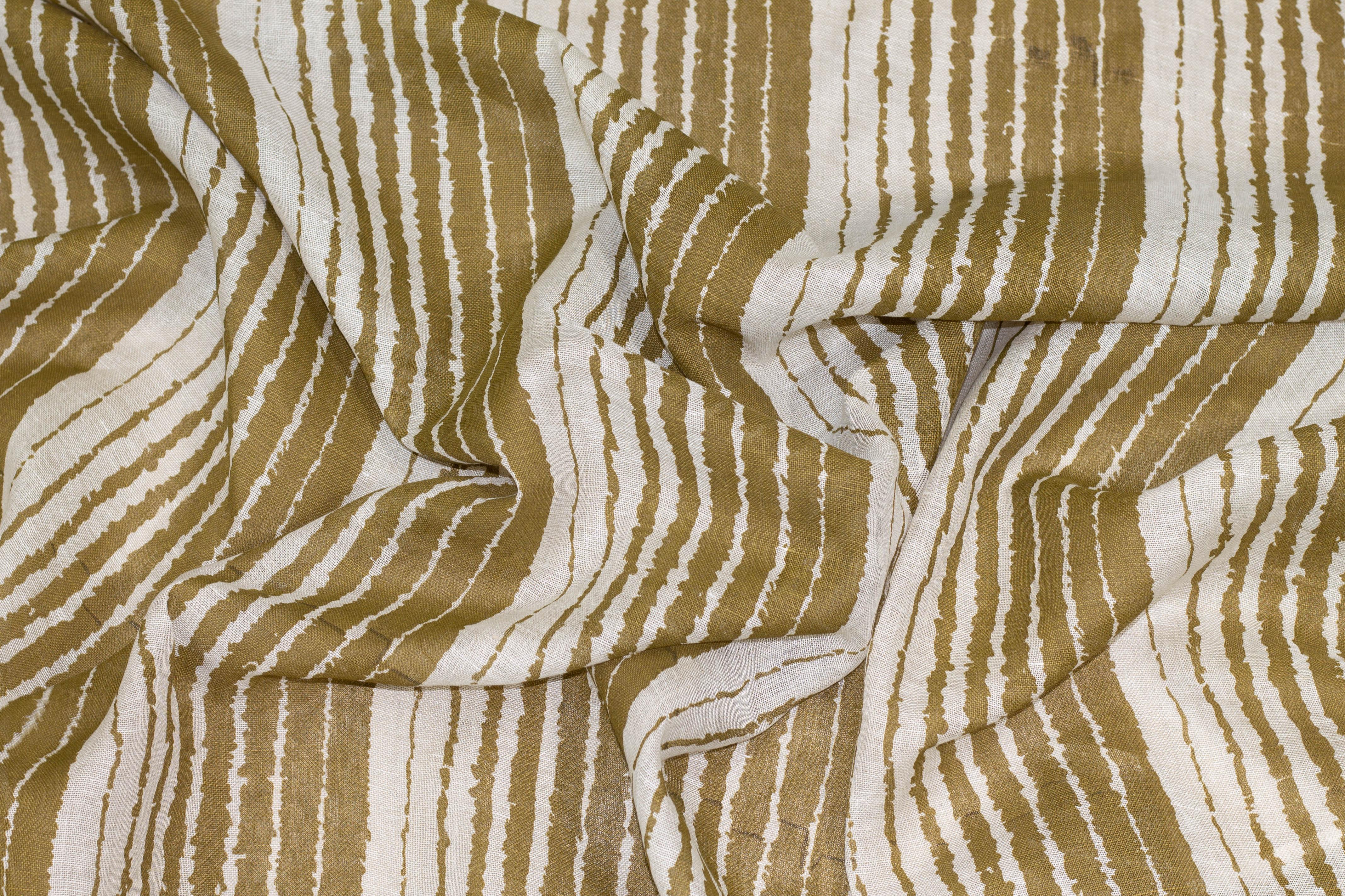 Olive Green and Off White Striped Linen - Prime Fabrics