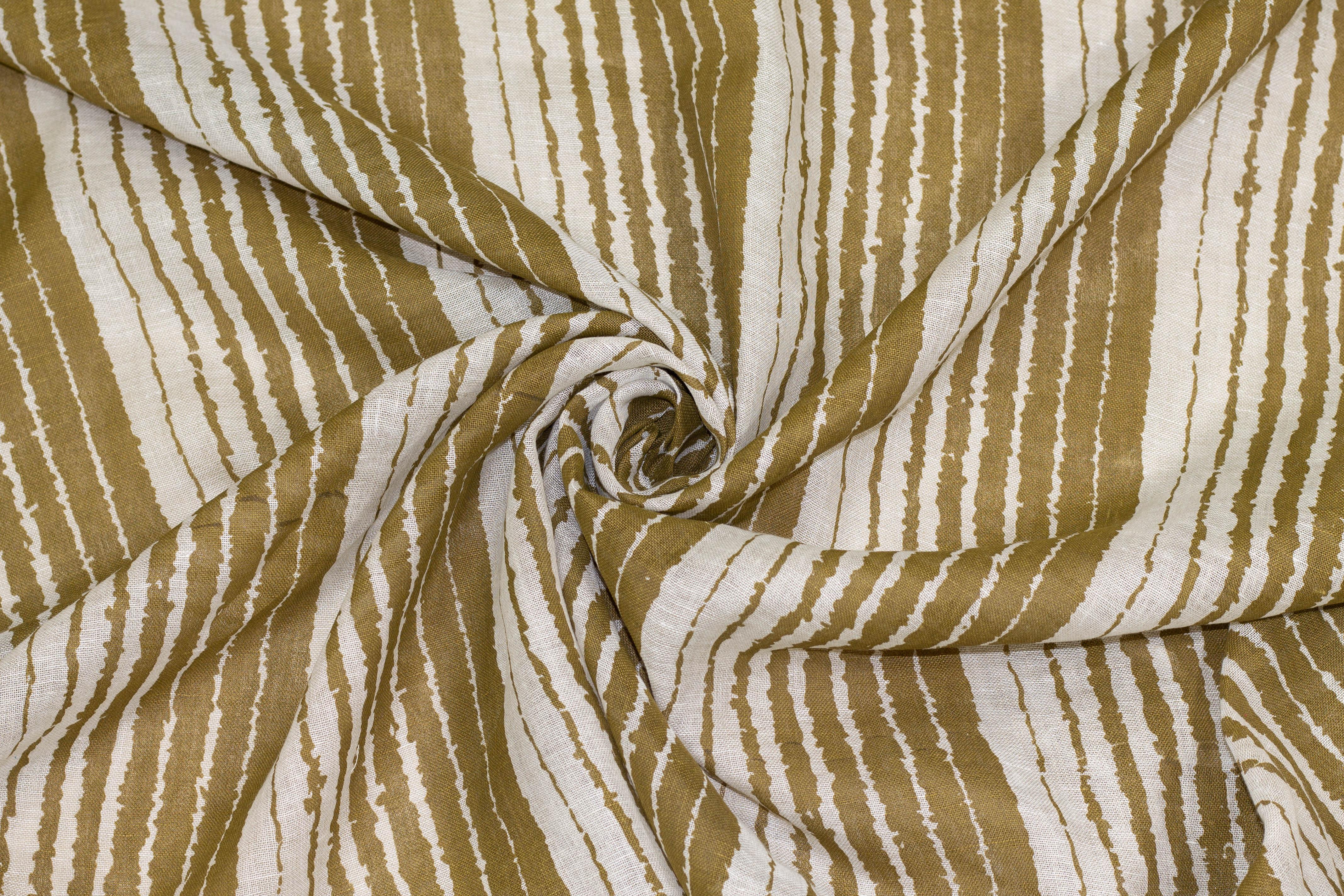 Olive Green and Off White Striped Linen - Prime Fabrics