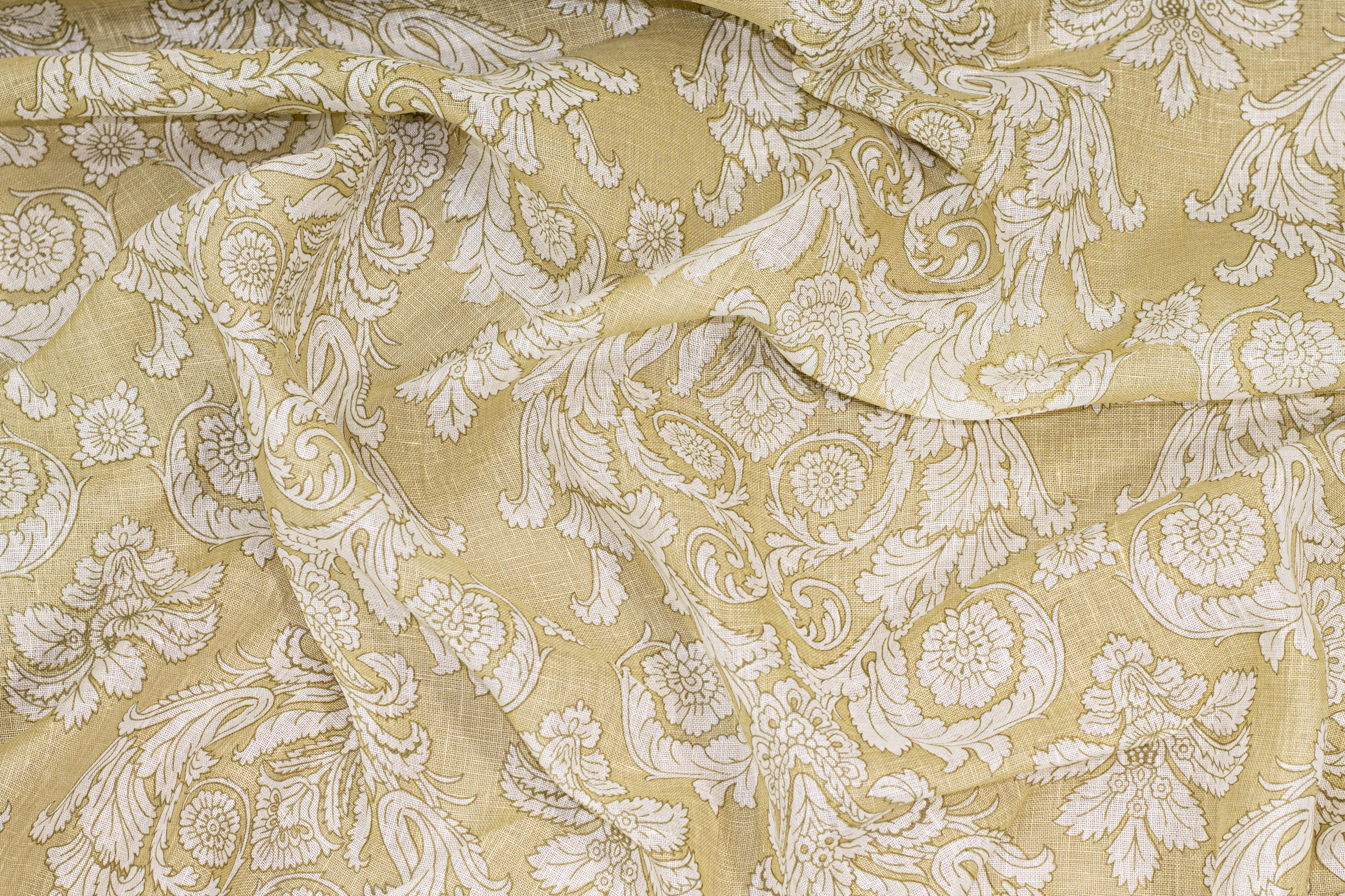 Khaki and Off White Damask Linen - Prime Fabrics