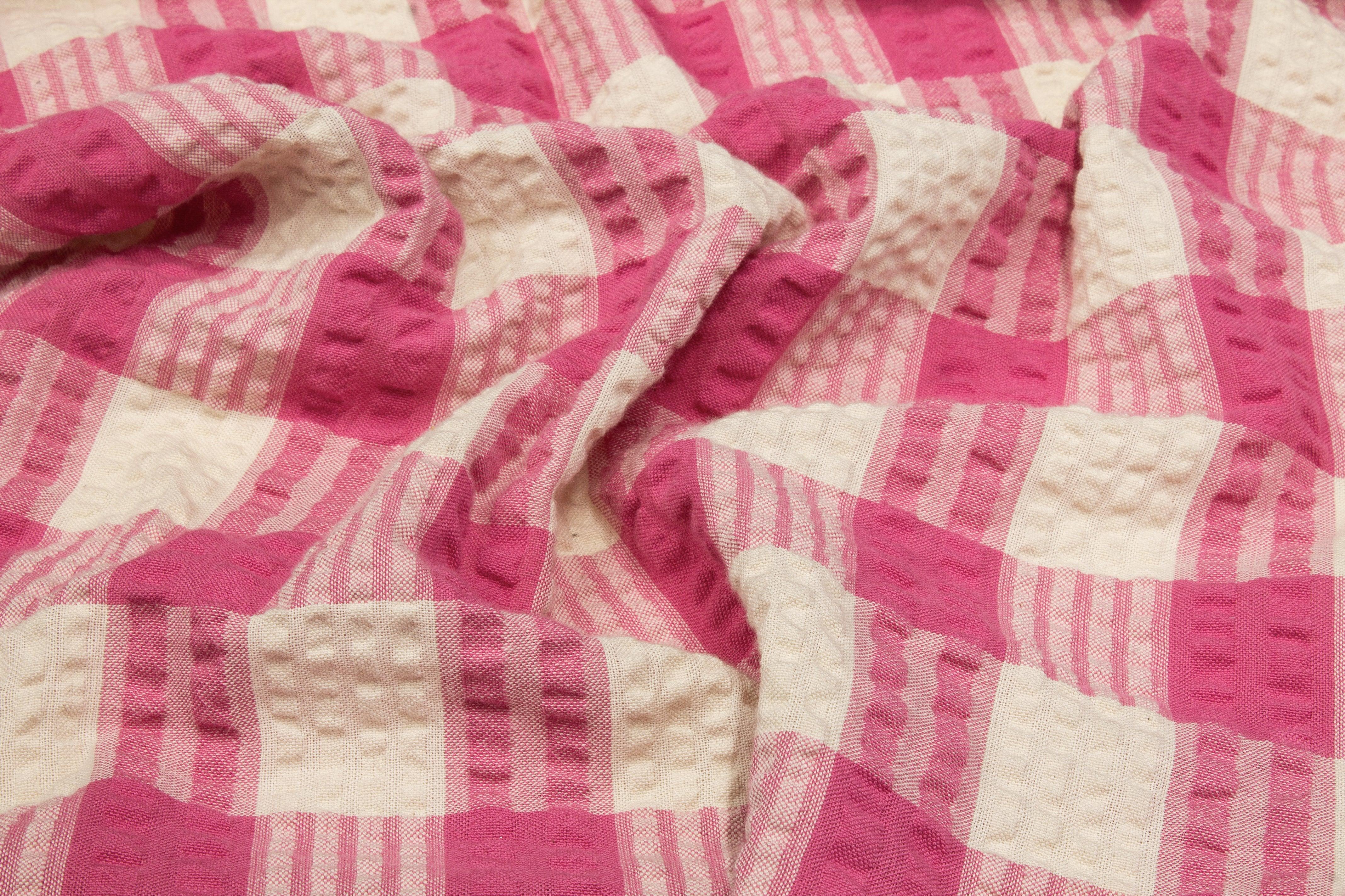 Textured Checked Cotton - Pink and Off White - Prime Fabrics