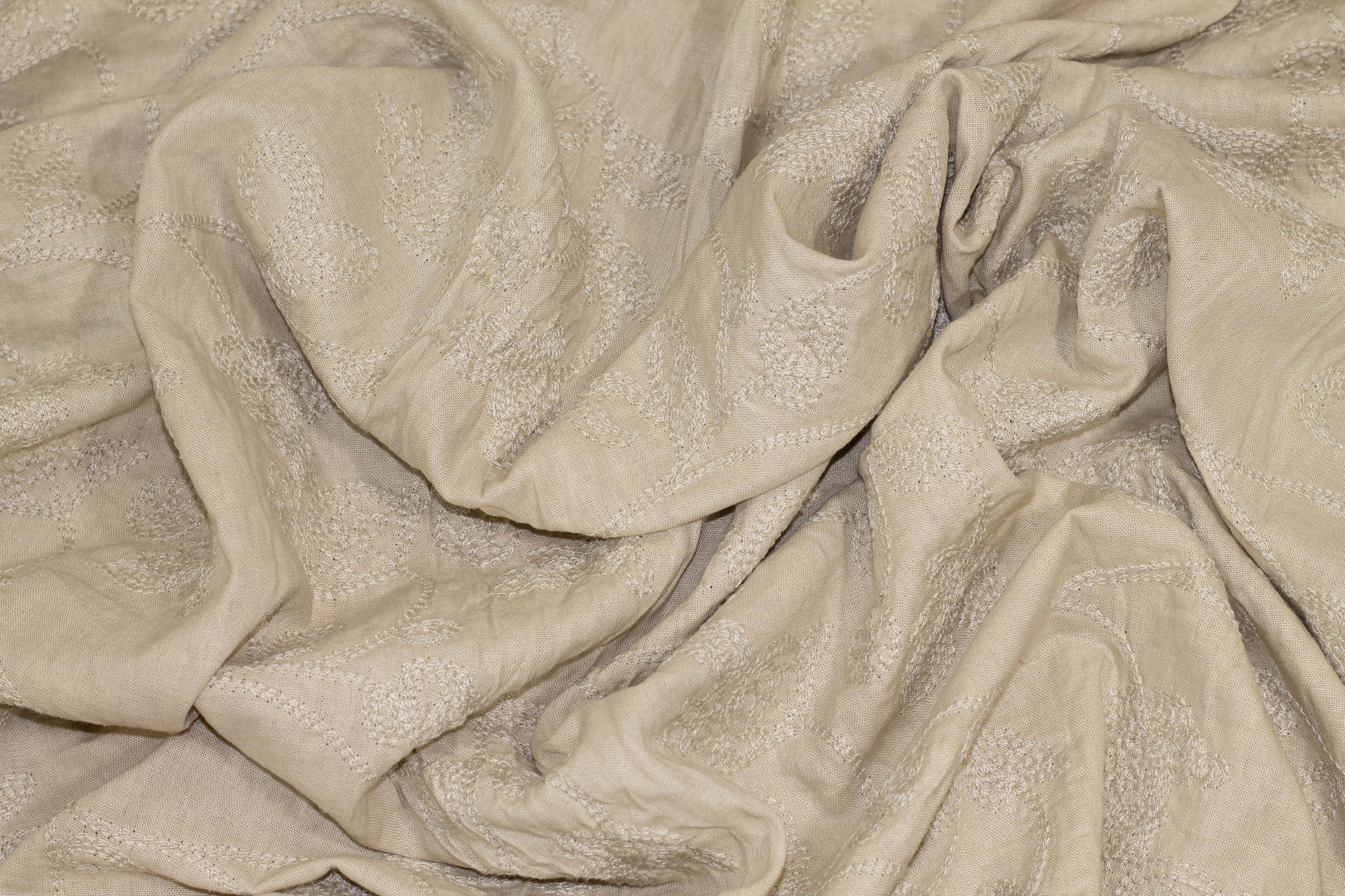 Khaki Floral Embroidered Italian Linen - Prime Fabrics