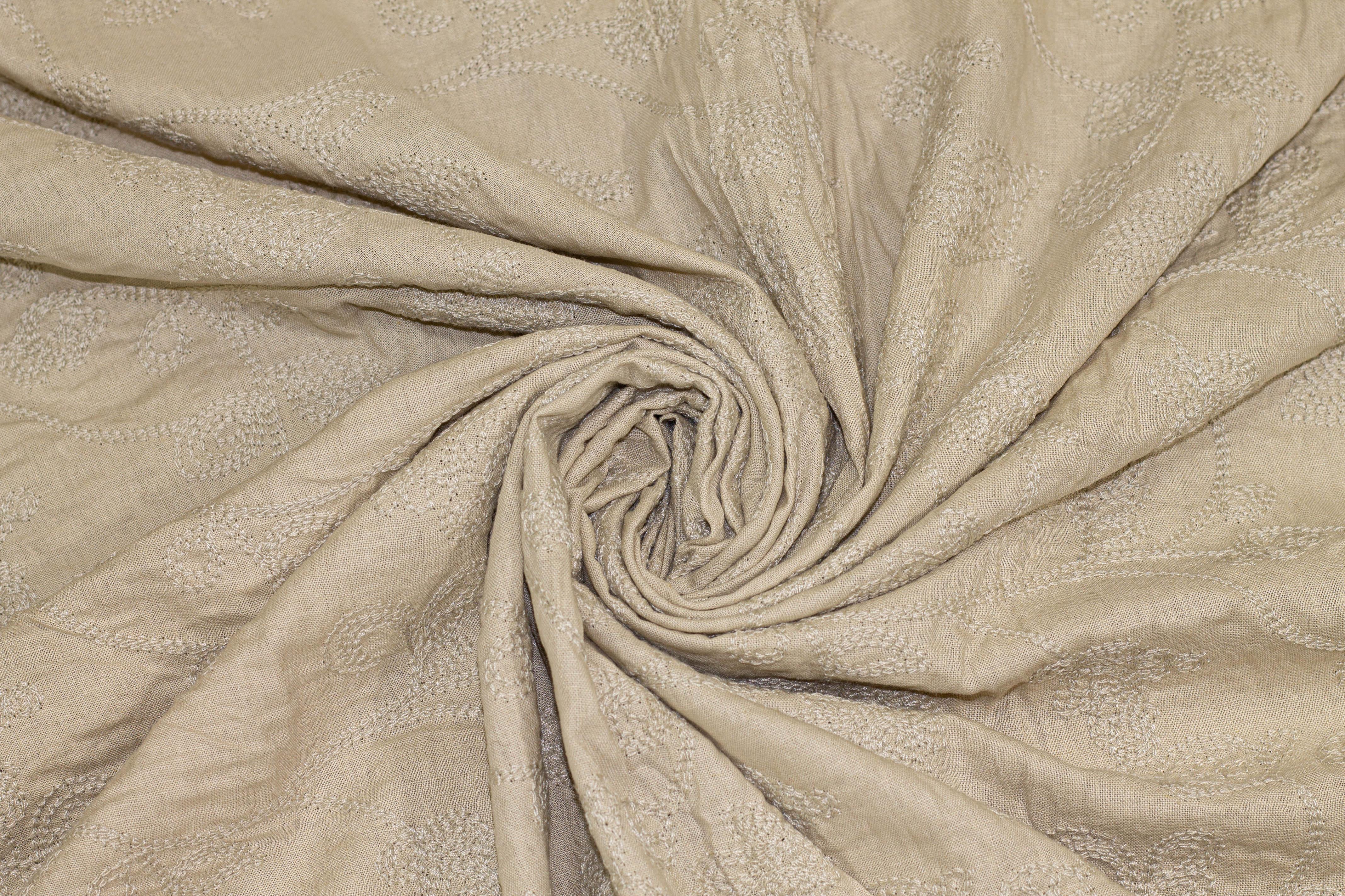 Khaki Floral Embroidered Italian Linen - Prime Fabrics
