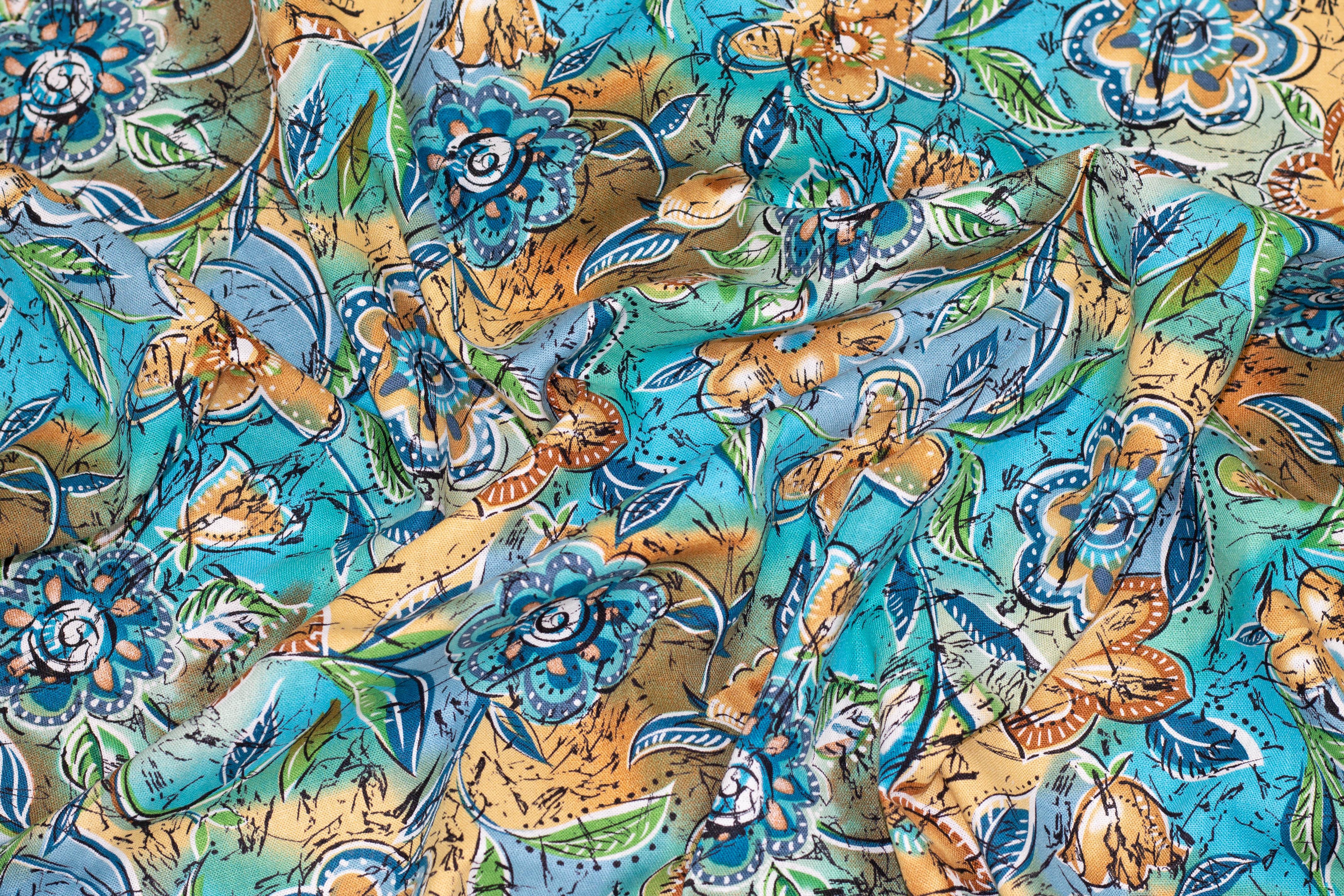 Blue, Green and Tan Floral Cotton and Linen Blend - Prime Fabrics