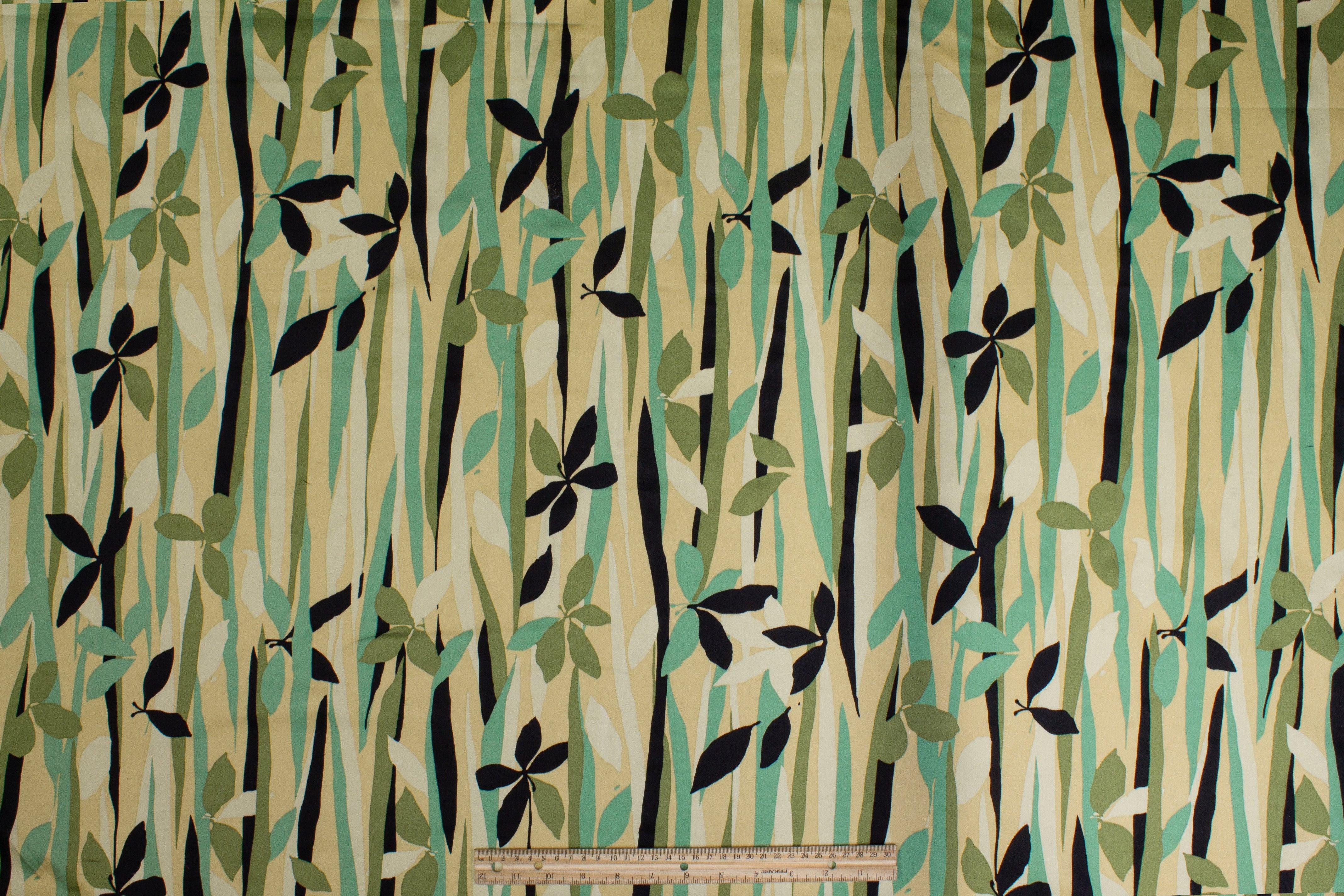 Floral Cotton Sateen - Green, Black, Gold - Prime Fabrics