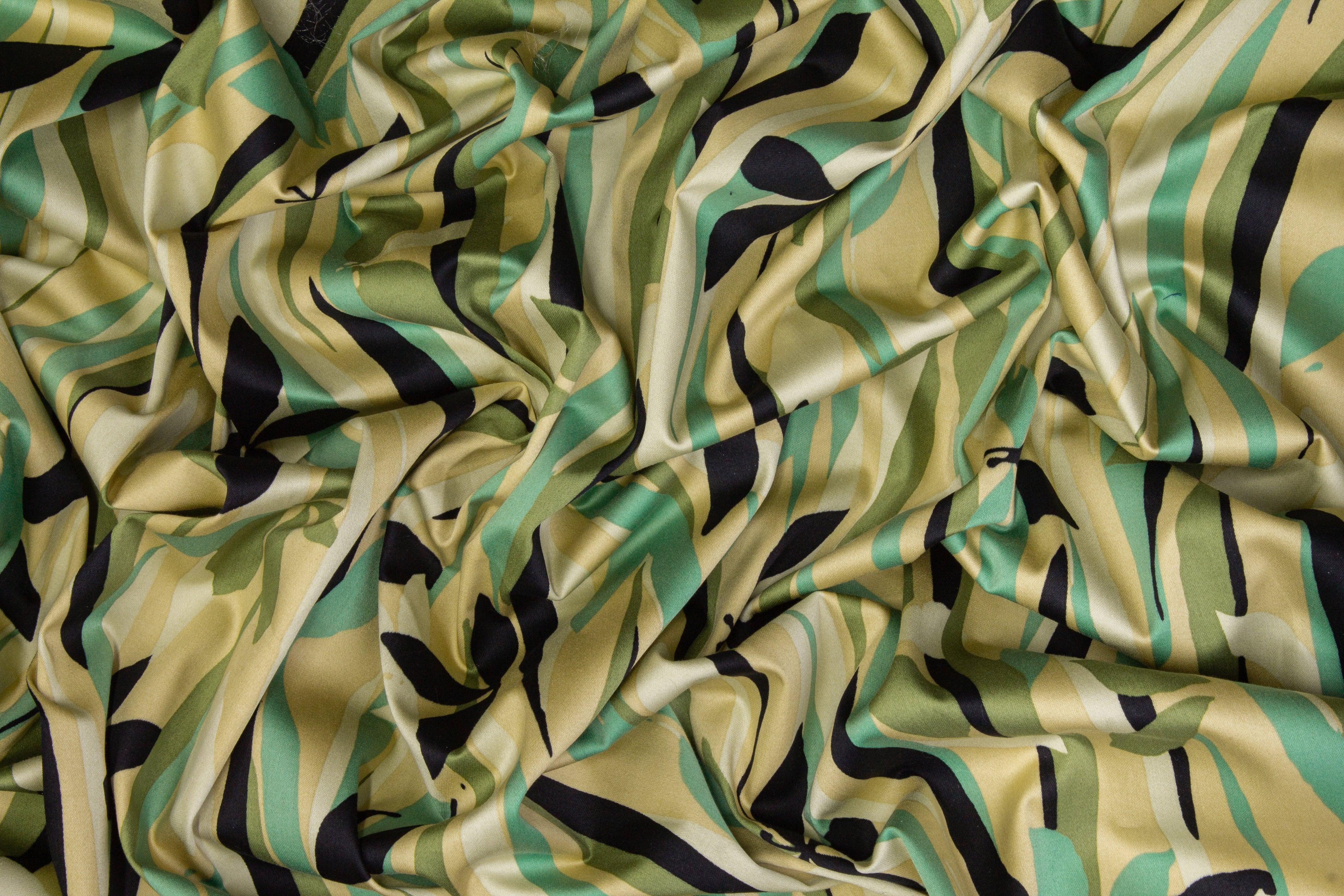 Floral Cotton Sateen - Green, Black, Gold - Prime Fabrics