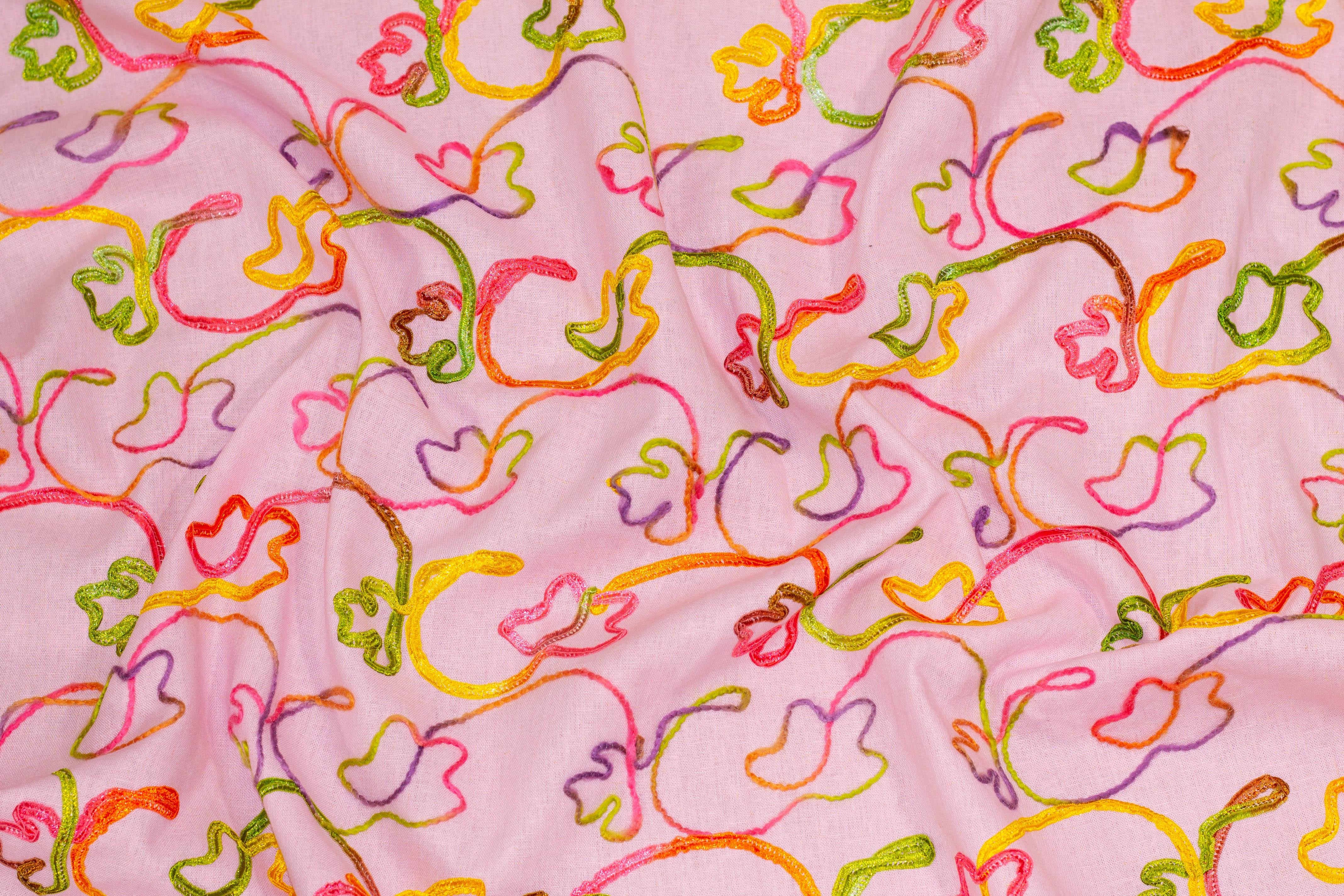 Whisper Pink and Multicolor Embroidered Linen - Prime Fabrics