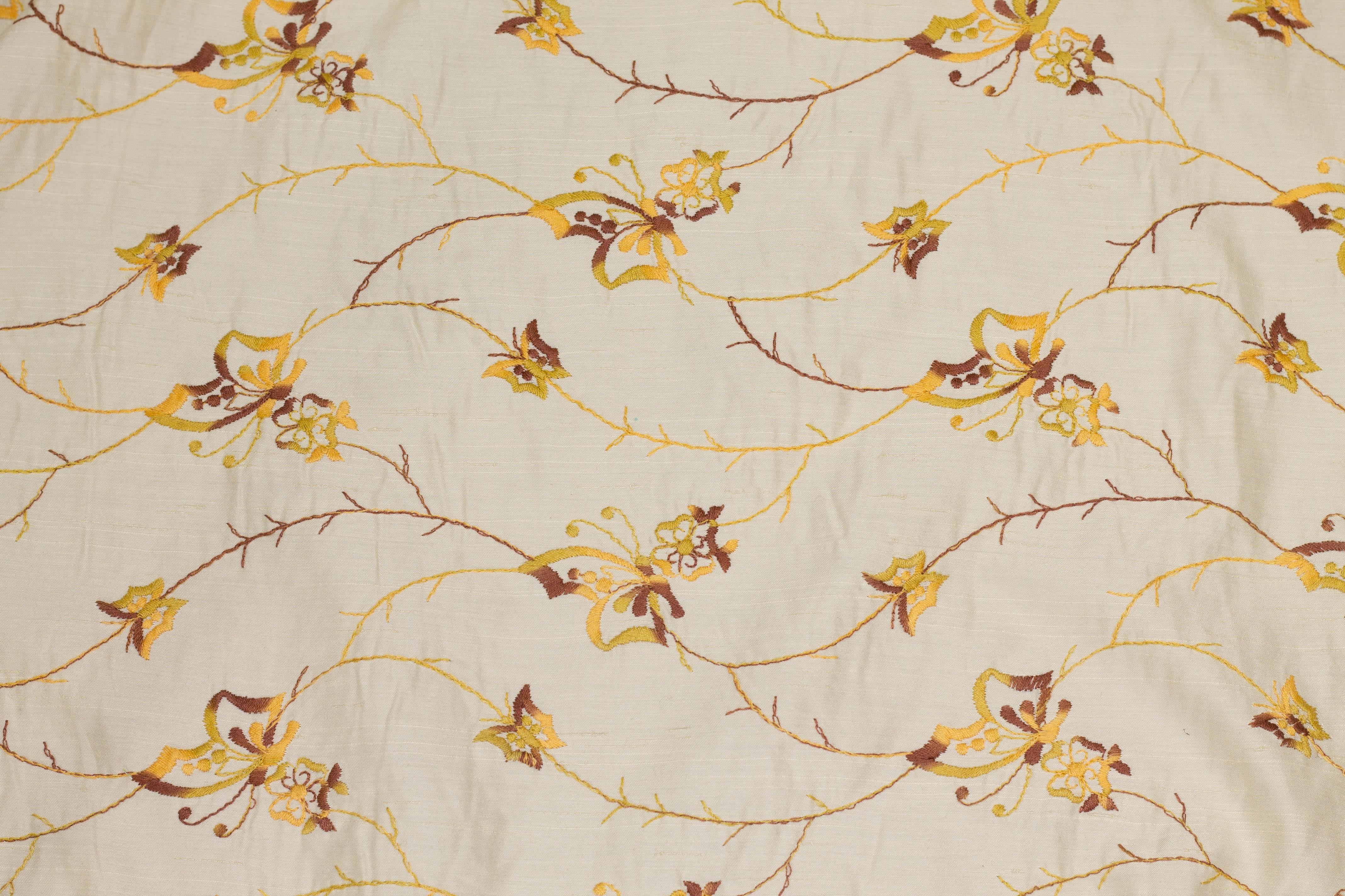 Ivory, Yellow, and Brown Embroidered Floral Linen - Prime Fabrics