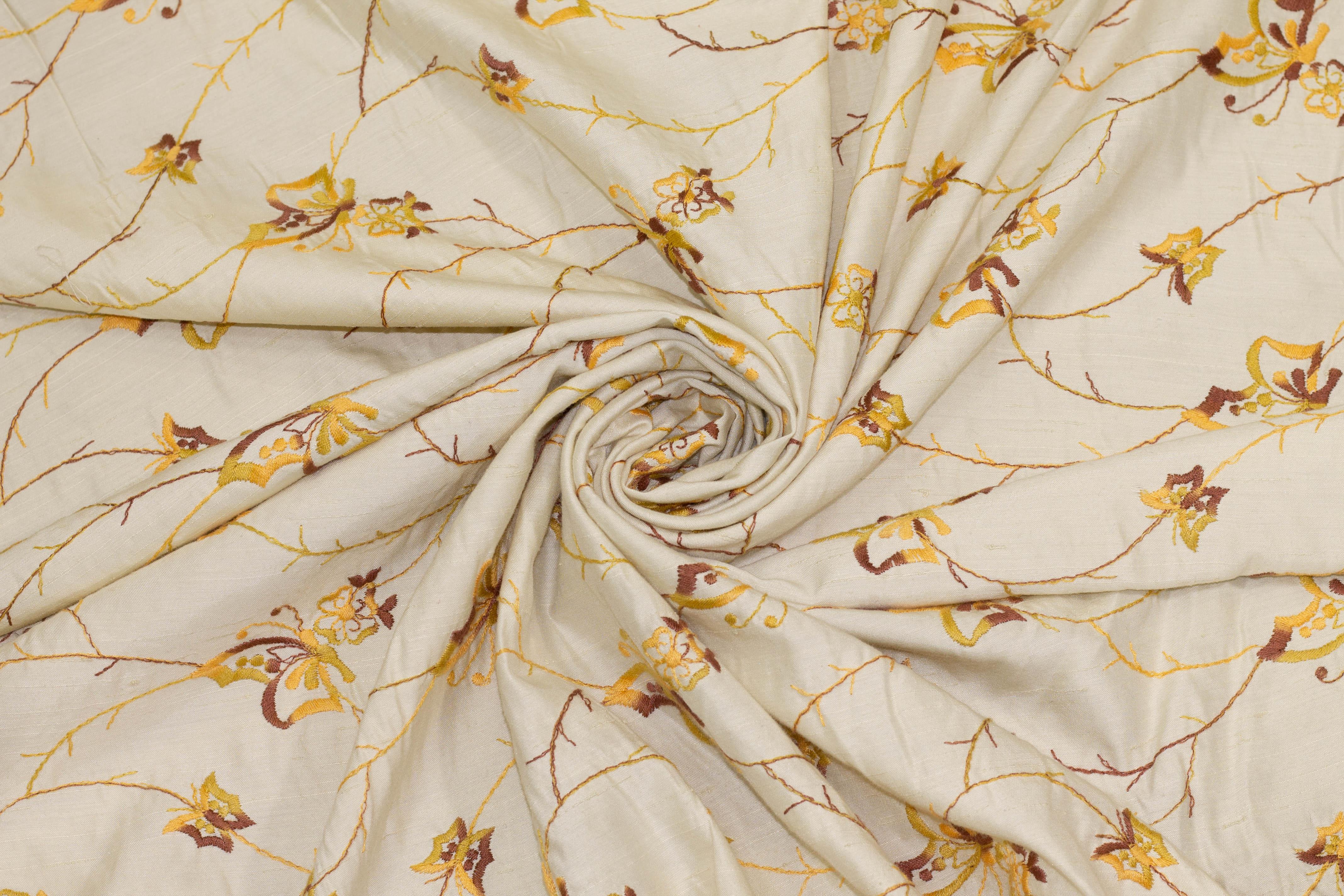 Ivory, Yellow, and Brown Embroidered Floral Linen - Prime Fabrics