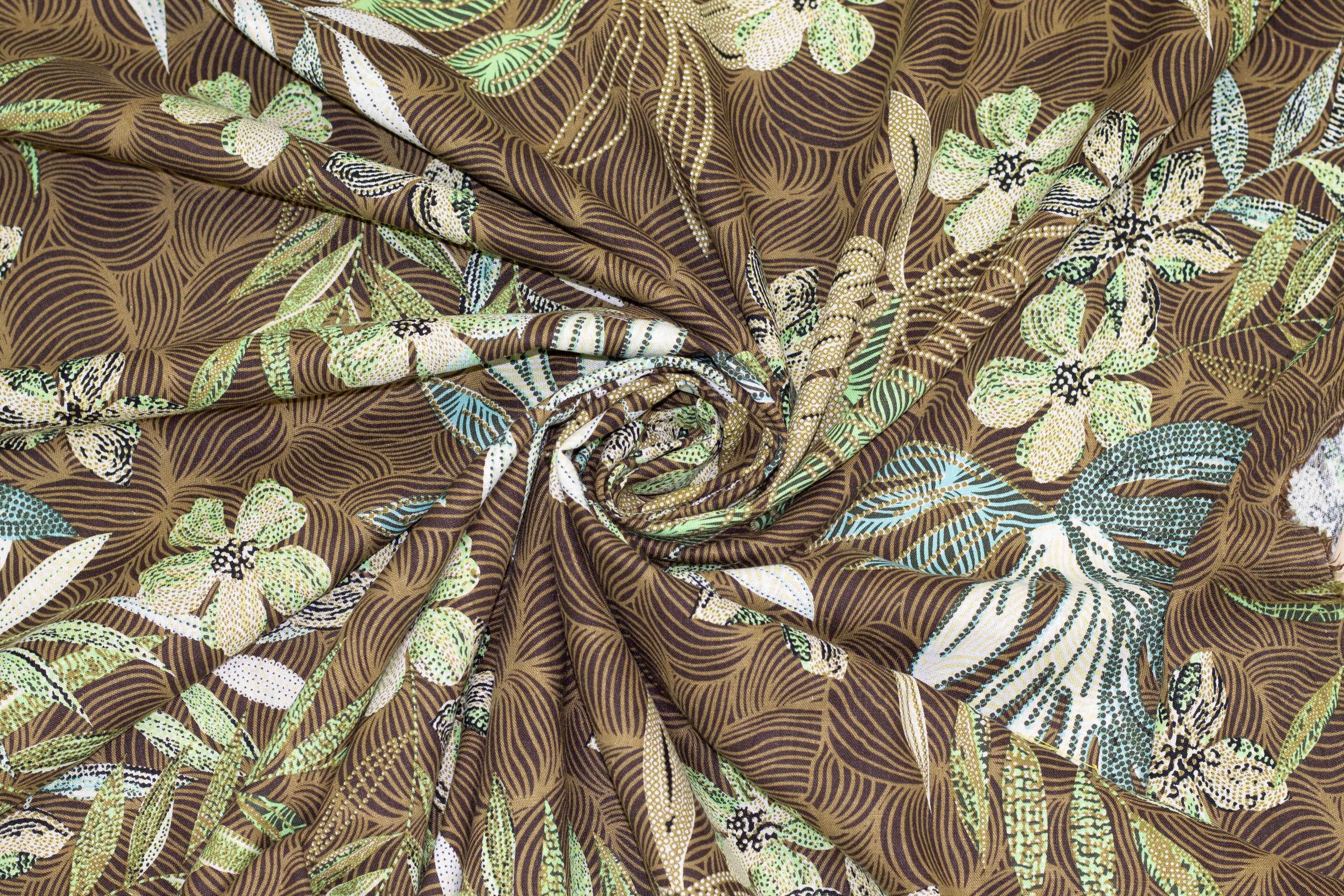 Brown, Green, Beige and Blue Floral Cotton and Linen Blend - Prime Fabrics