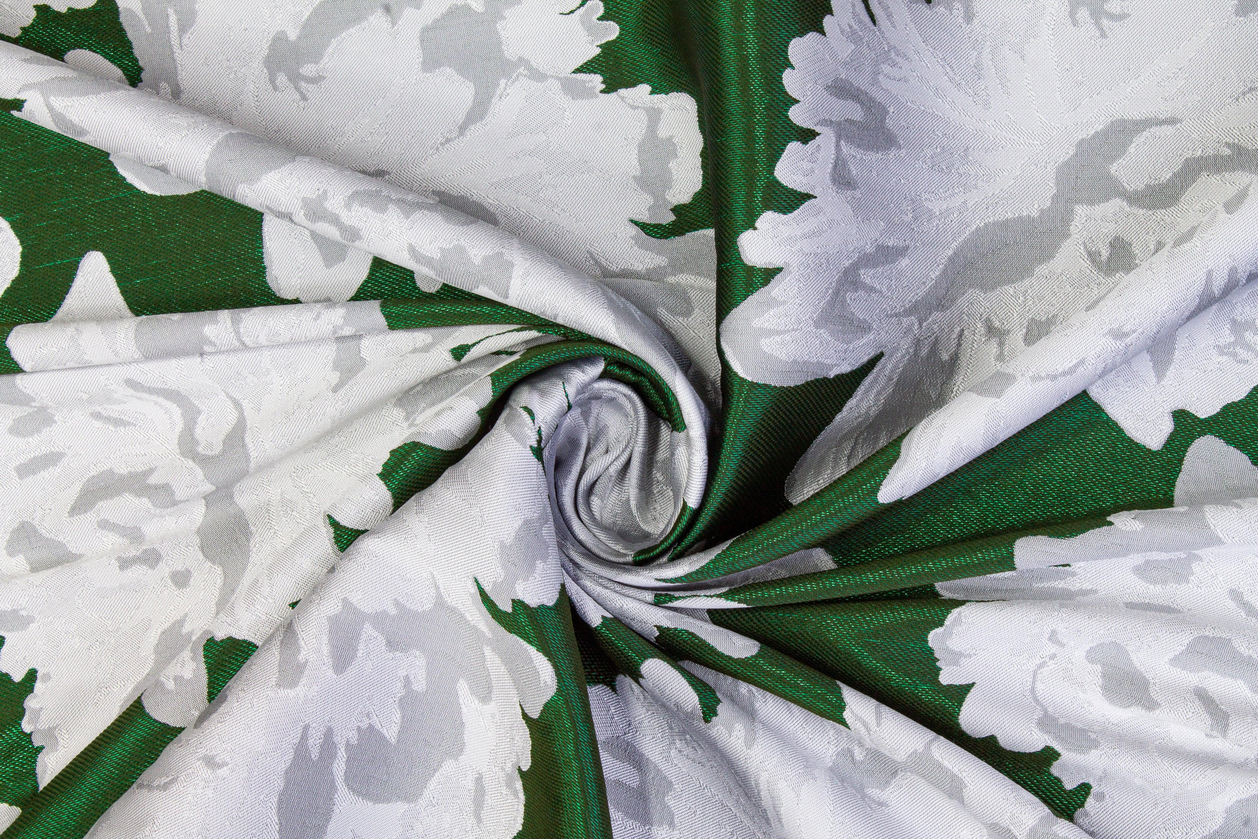Double Faced Floral Brocade - Green and White - Prime Fabrics