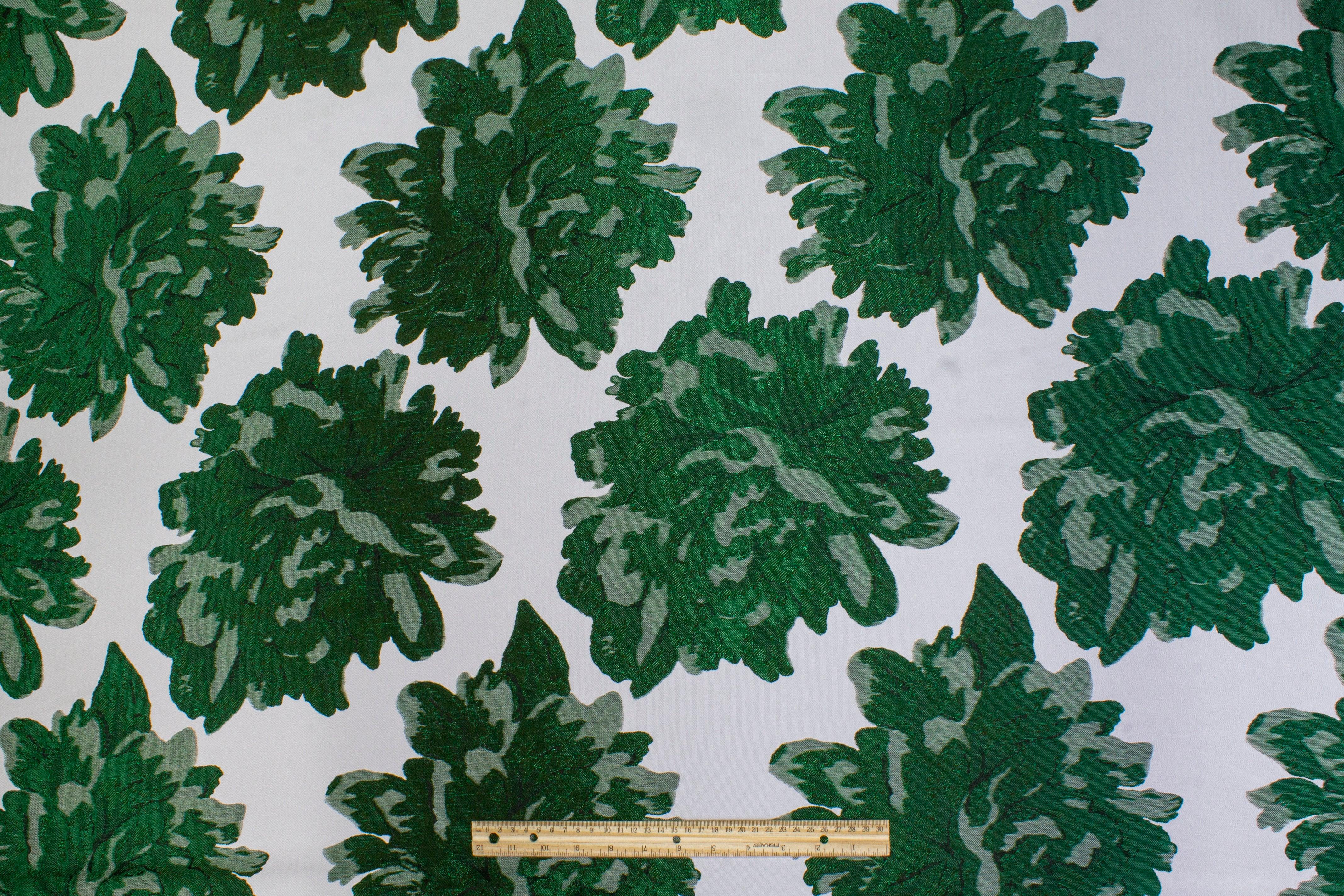 Double Faced Floral Brocade - Green and White - Prime Fabrics