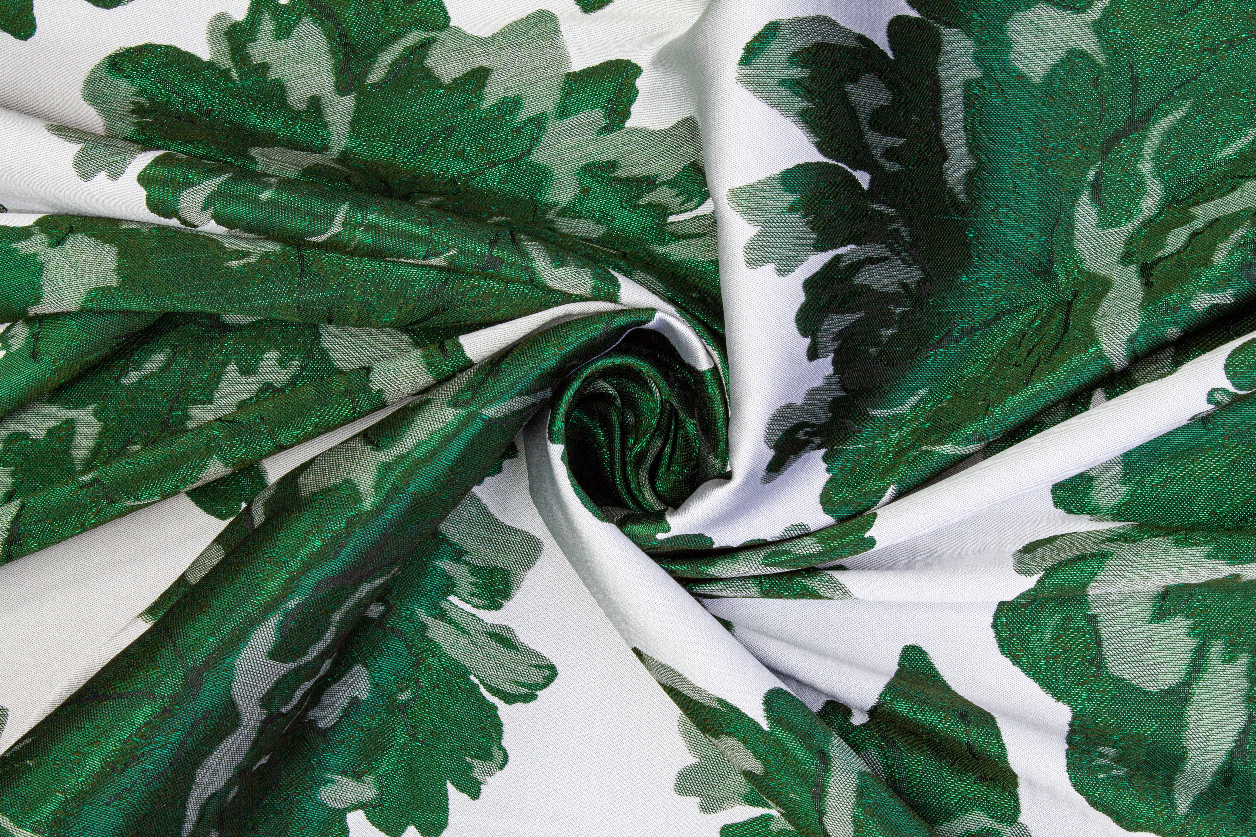 Double Faced Floral Brocade - Green and White - Prime Fabrics