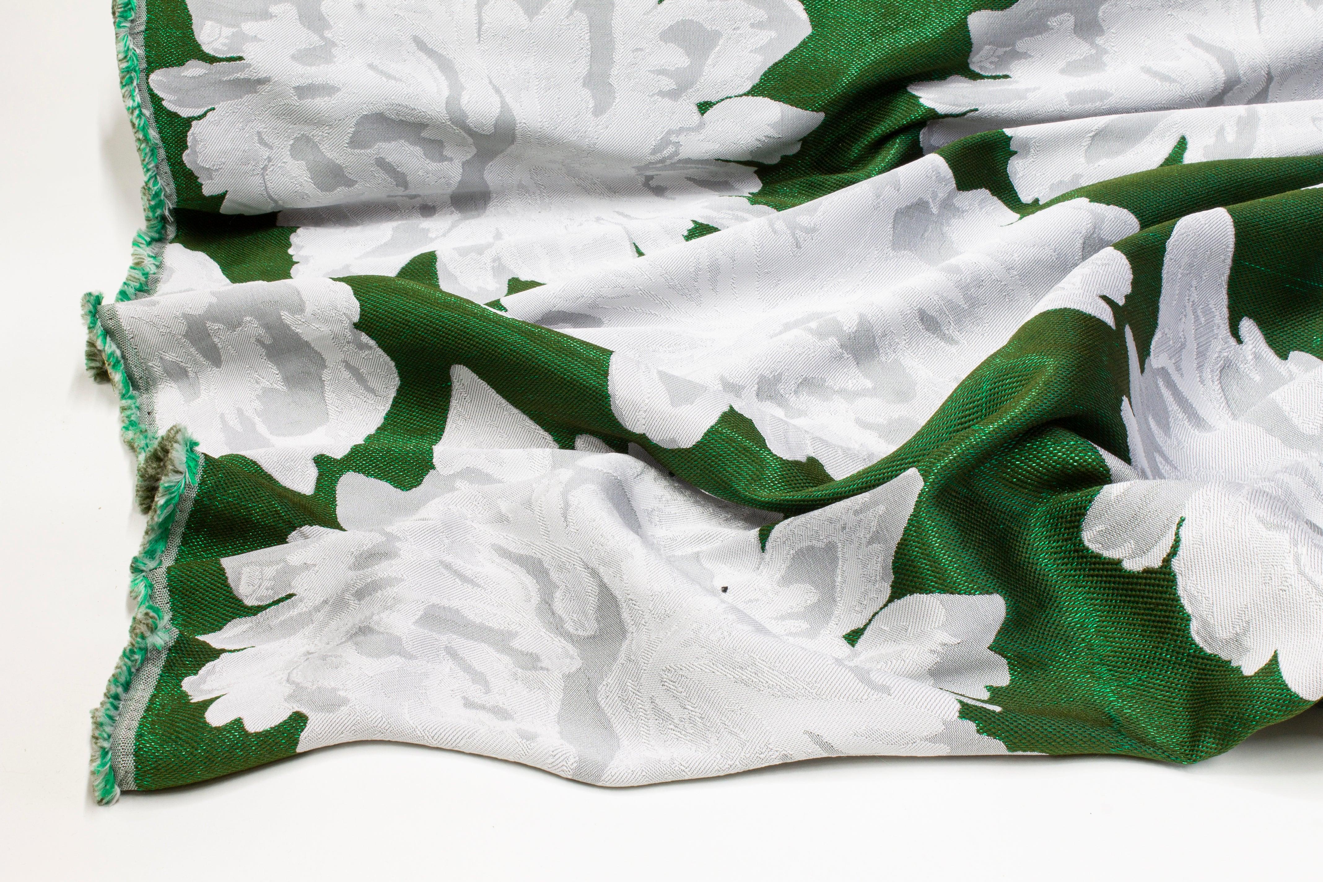 Double Faced Floral Brocade - Green and White - Prime Fabrics