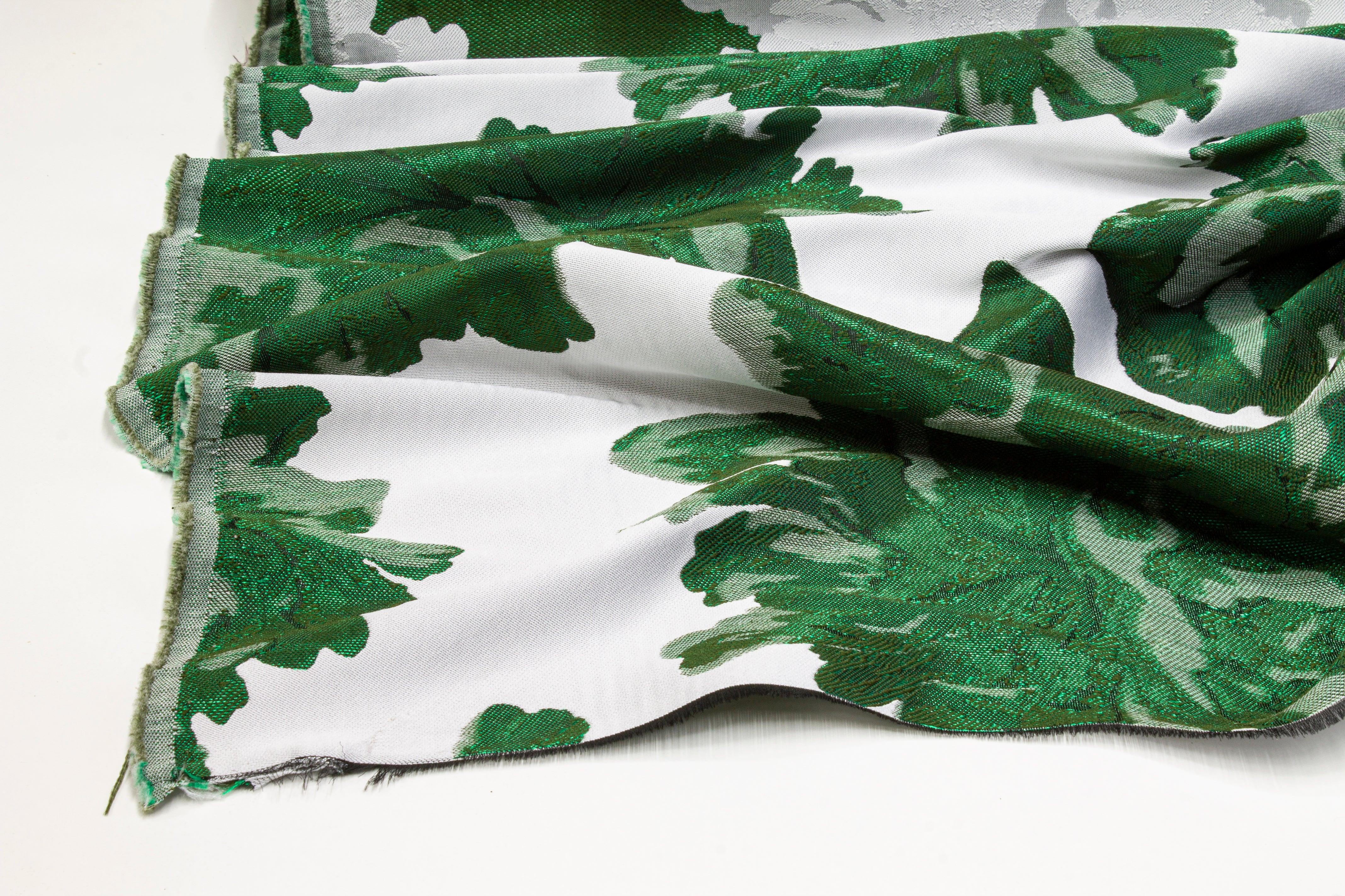 Double Faced Floral Brocade - Green and White - Prime Fabrics