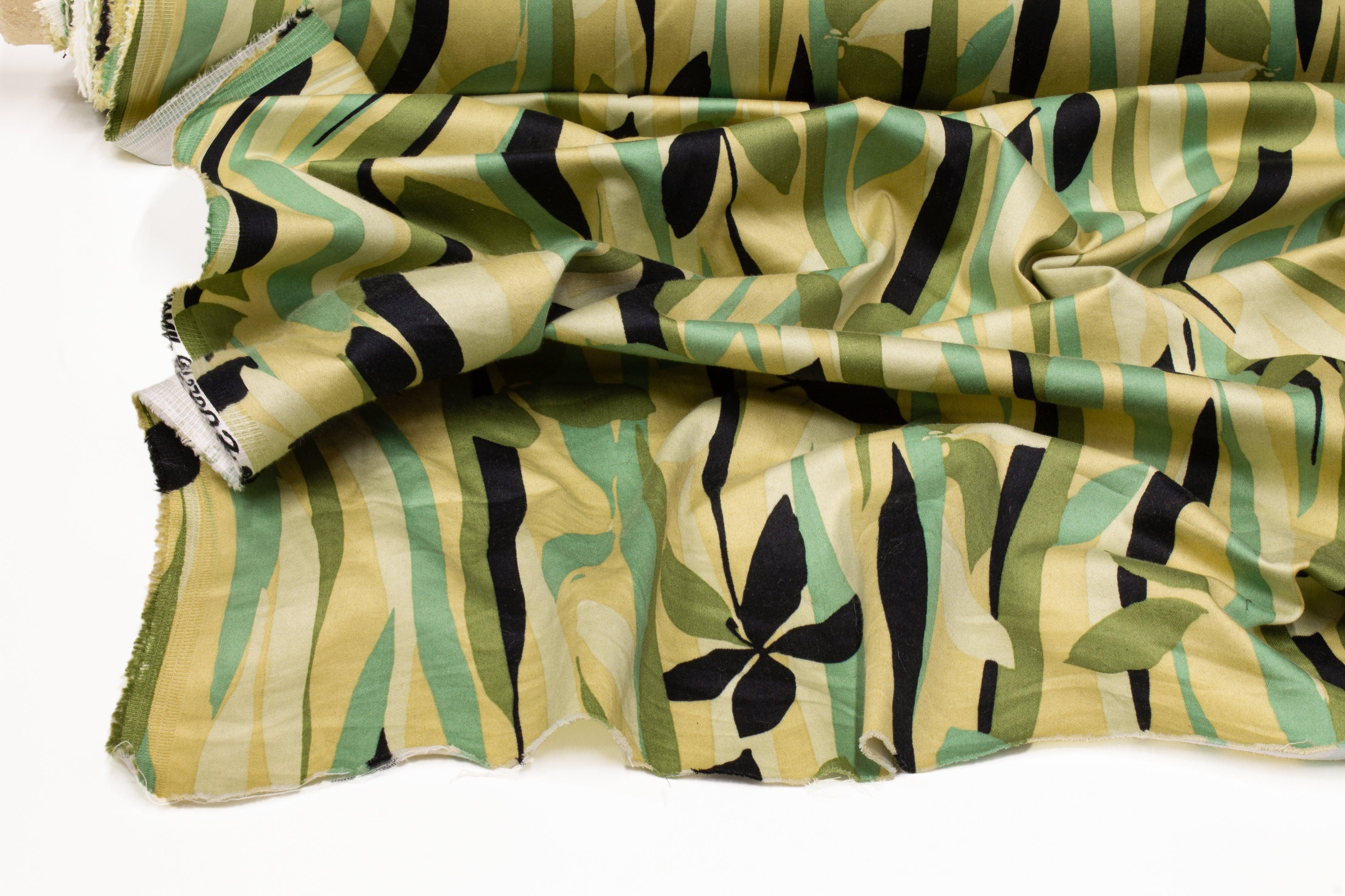 Floral Cotton Sateen - Green, Black, Gold - Prime Fabrics