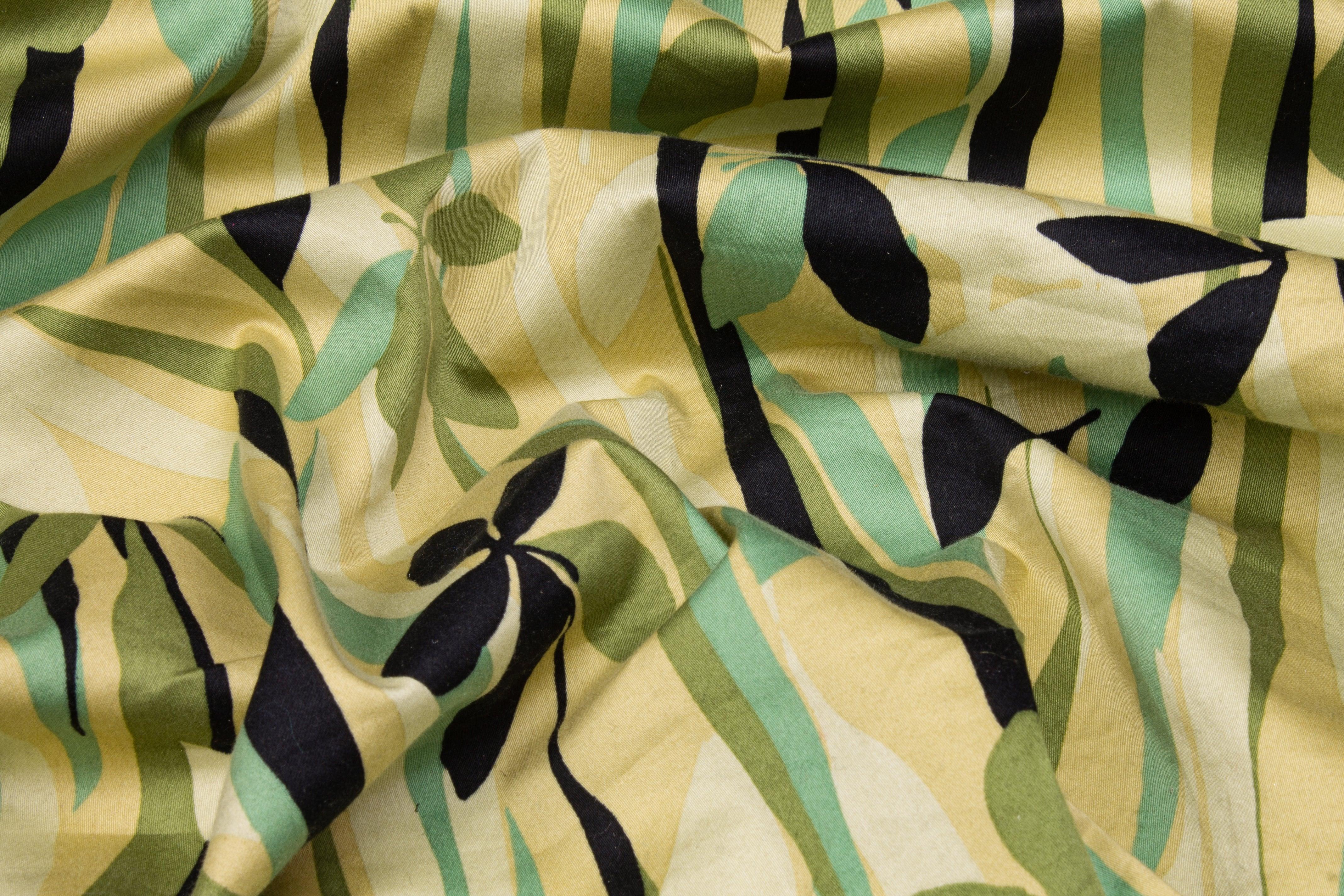 Floral Cotton Sateen - Green, Black, Gold - Prime Fabrics