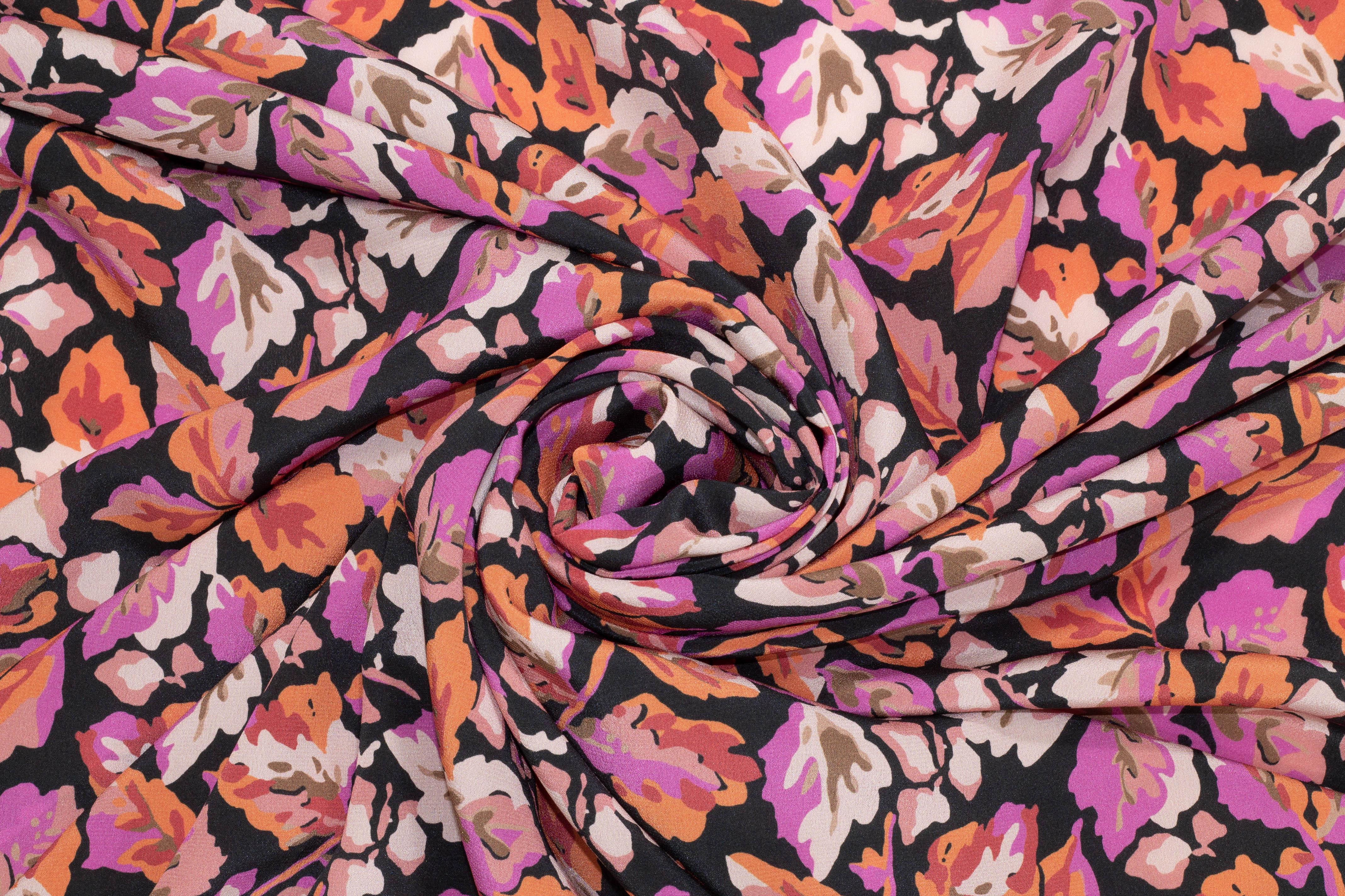 Floral Silk Georgette - Purple, Orange, Peach, Black - Prime Fabrics