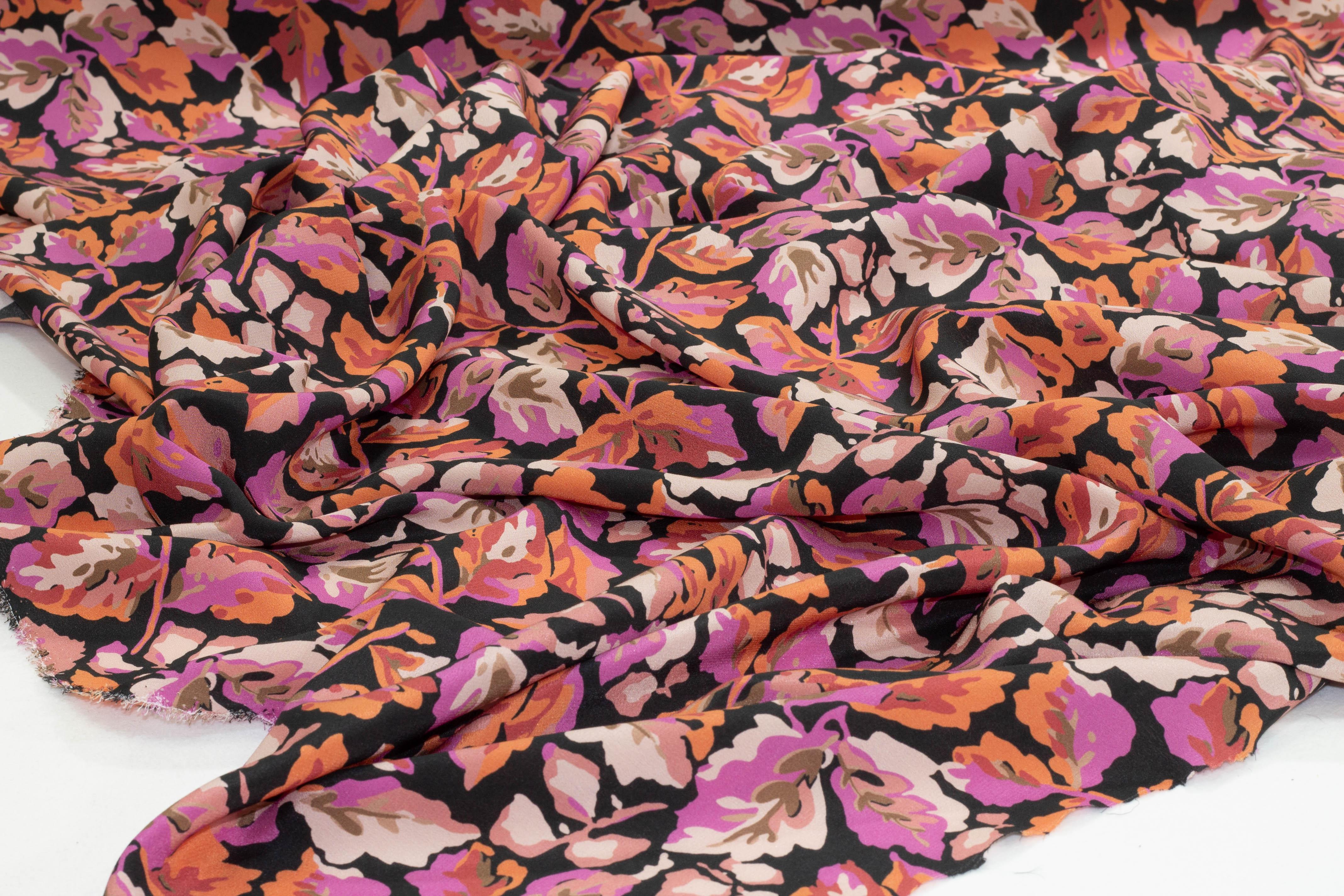Floral Silk Georgette - Purple, Orange, Peach, Black - Prime Fabrics