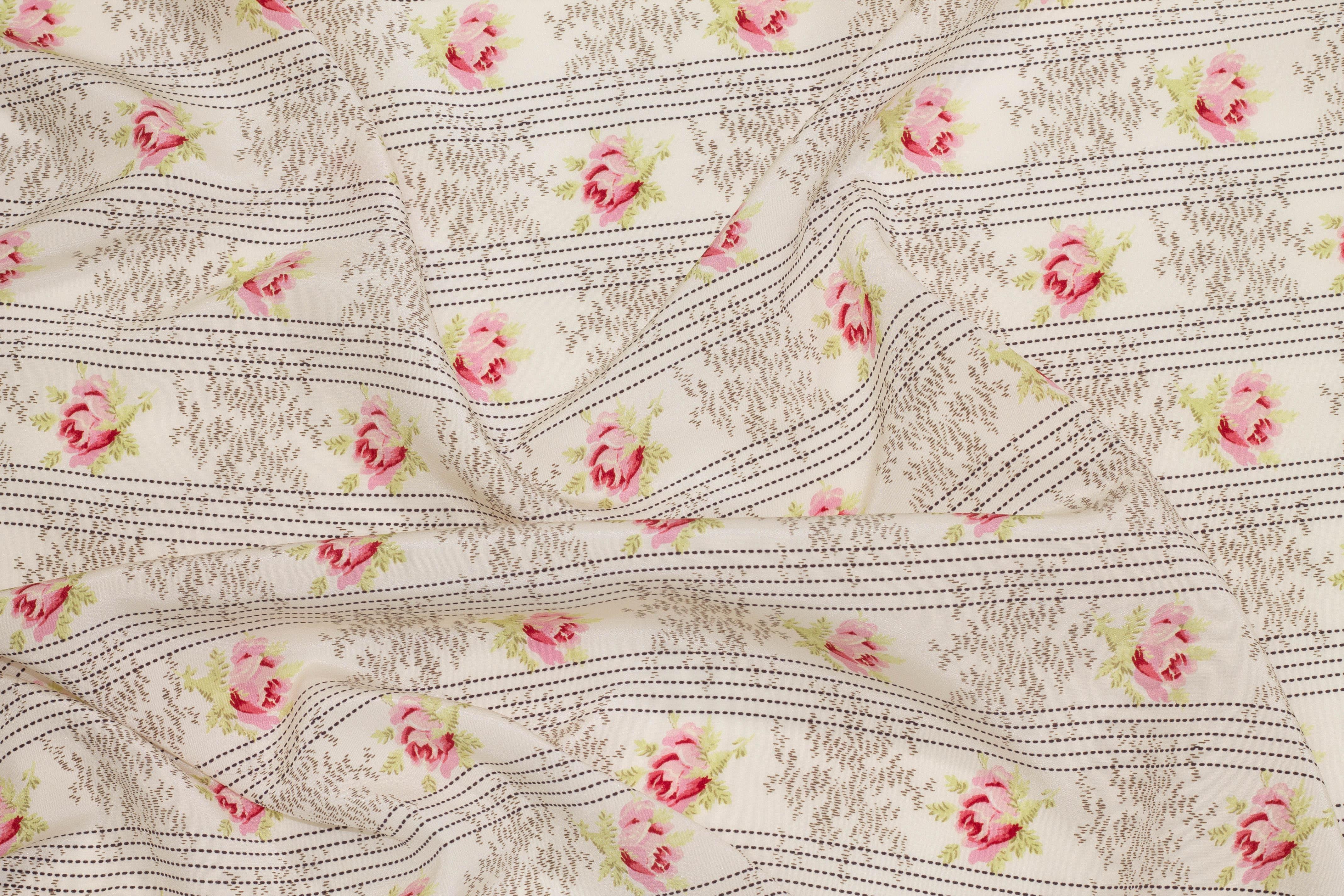 Off White Striped Floral Silk Crepe De Chine - Prime Fabrics