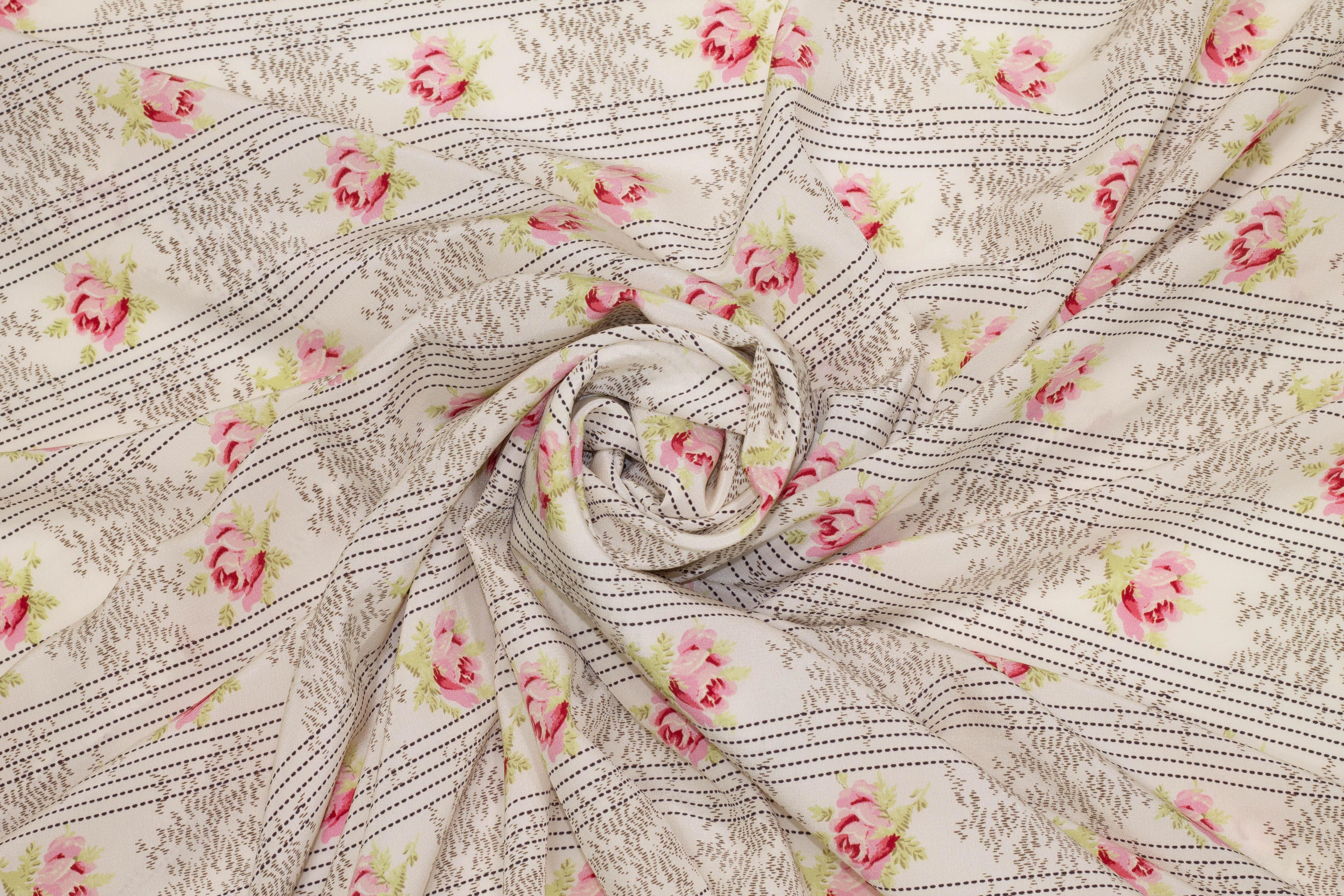 Off White Striped Floral Silk Crepe De Chine - Prime Fabrics