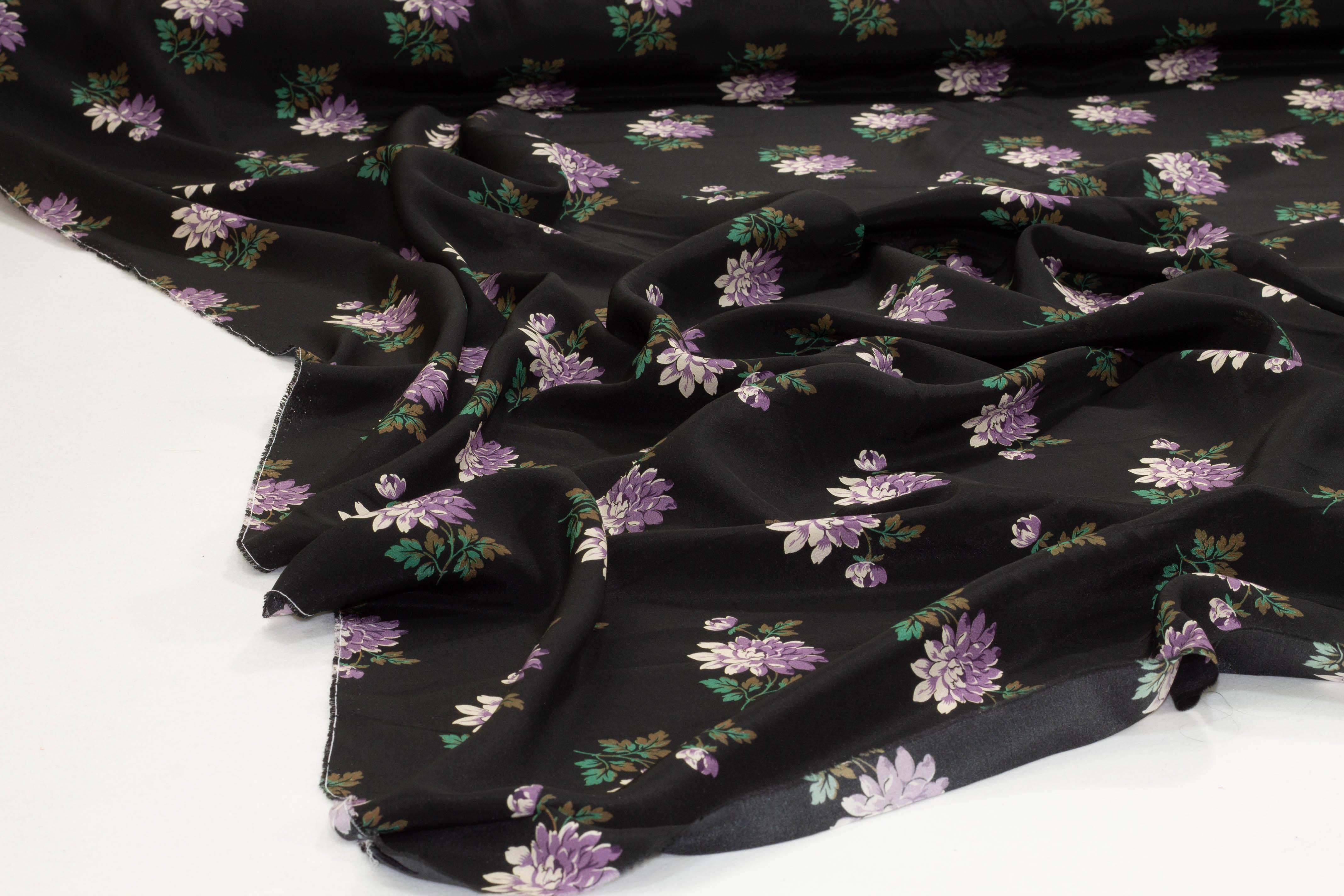 Black, Purple, and Green Floral Silk Crepe De Chine - Prime Fabrics
