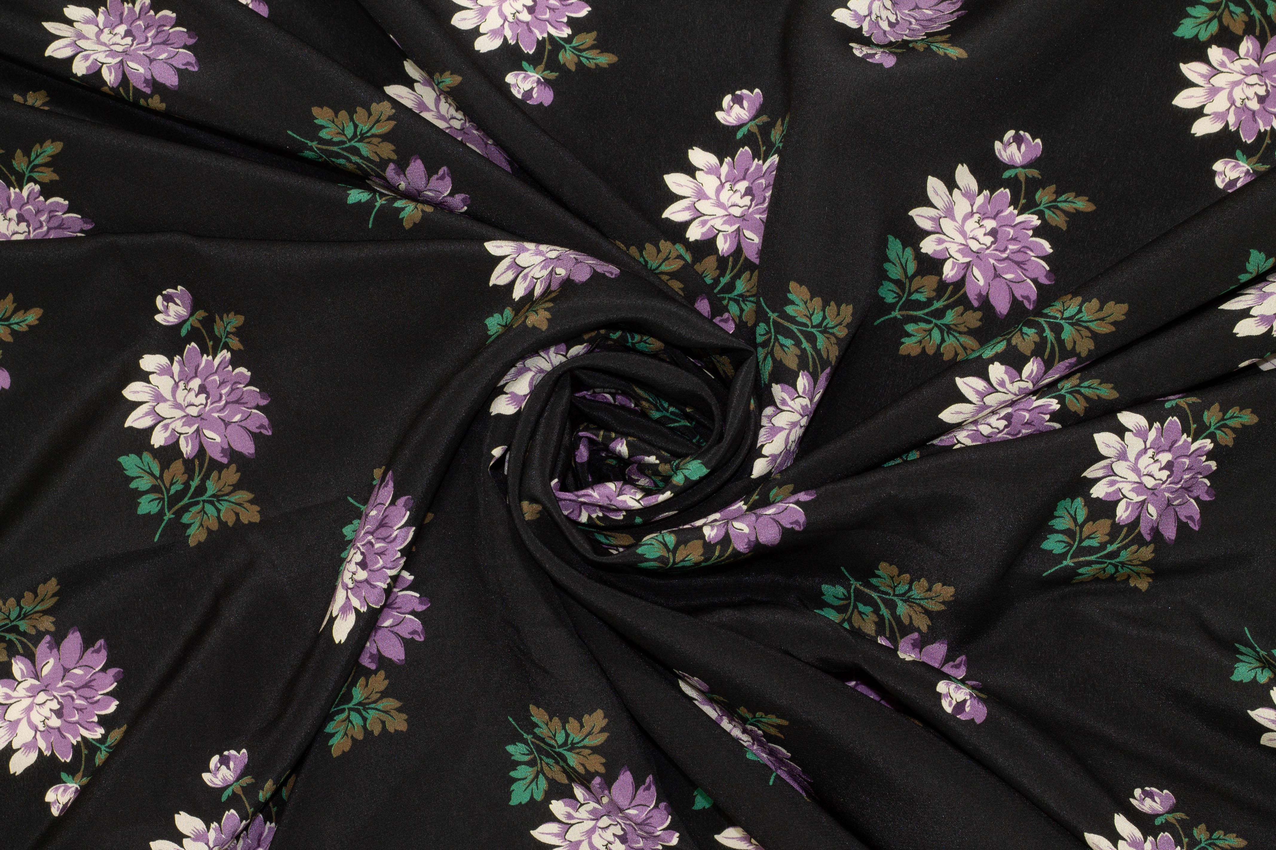 Black, Purple, and Green Floral Silk Crepe De Chine - Prime Fabrics