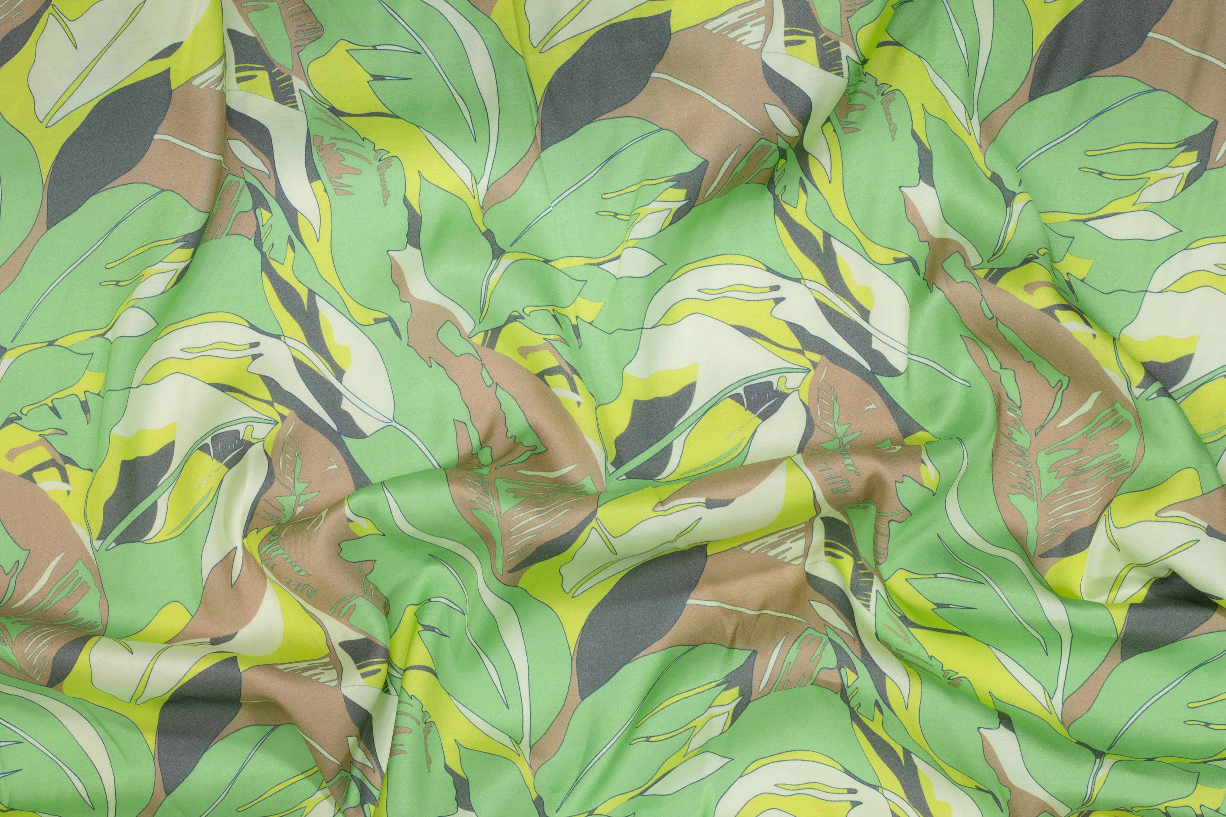 Floral Italian Viscose Charmeuse - Green, Yellow, Brown - Prime Fabrics