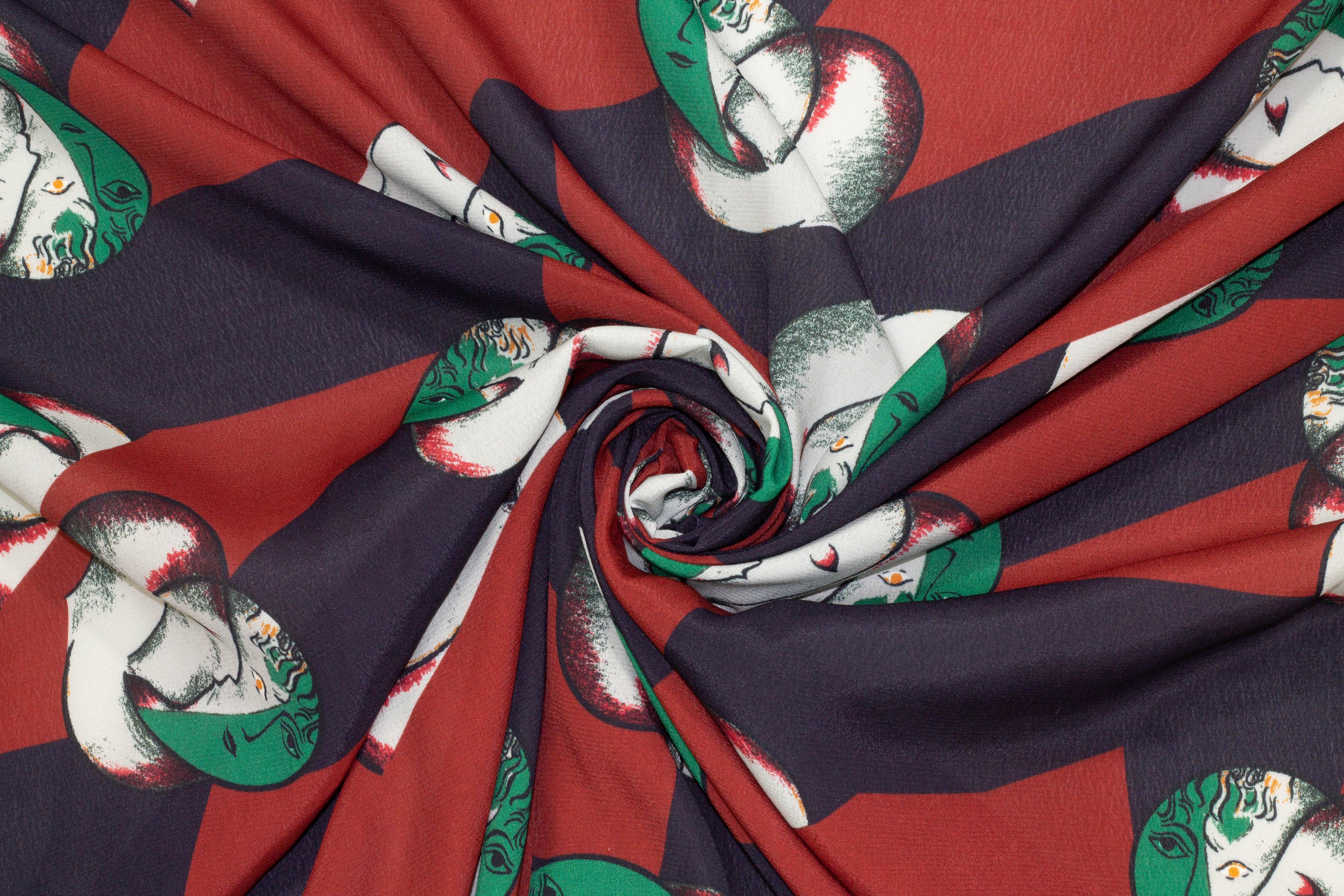 Abstract Face Italian Viscose Crepe - Red and Navy - Prime Fabrics