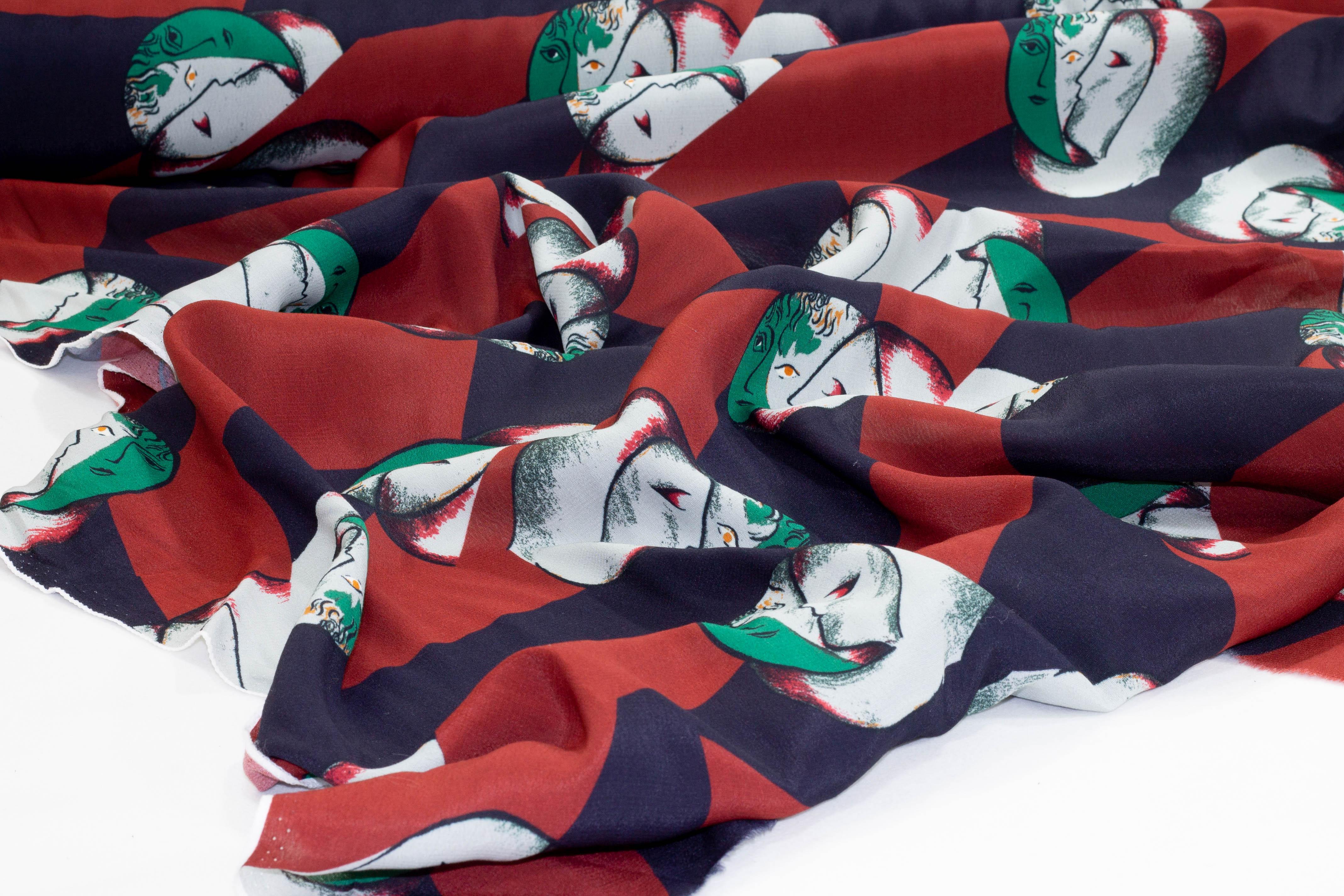 Abstract Face Italian Viscose Crepe - Red and Navy - Prime Fabrics