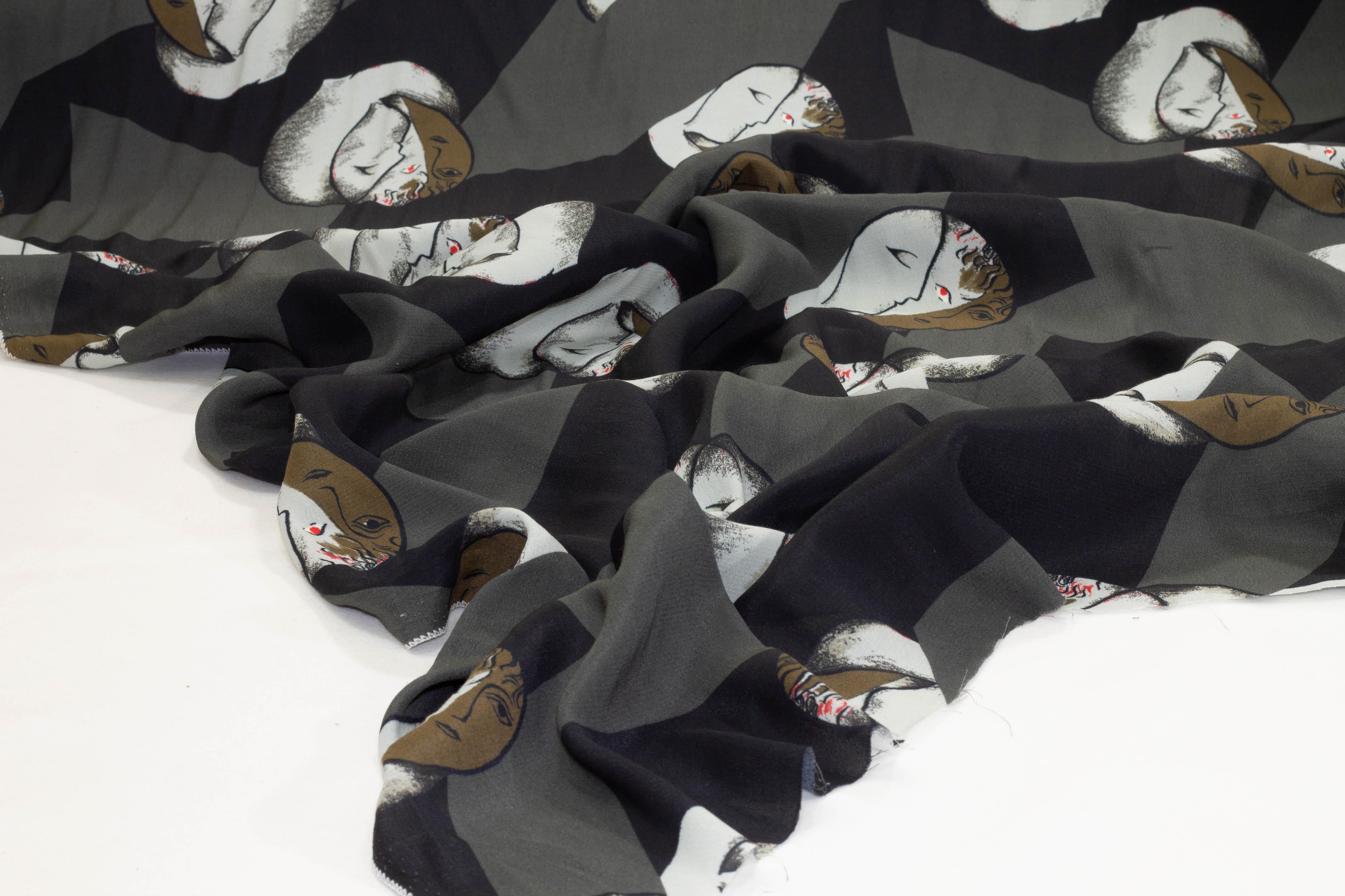 Abstract Face Italian Viscose Crepe - Gray and Black - Prime Fabrics