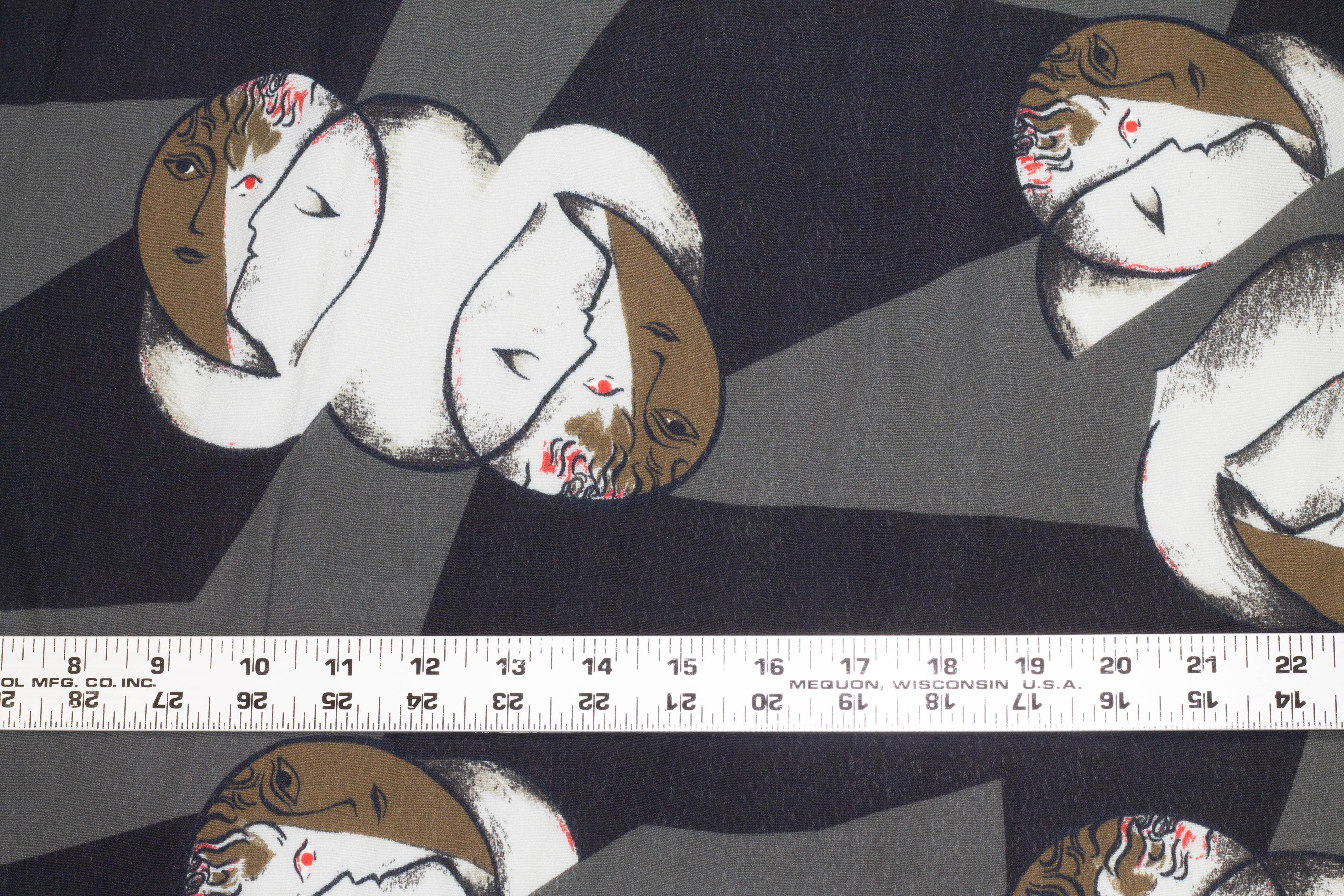 Abstract Face Italian Viscose Crepe - Gray and Black - Prime Fabrics